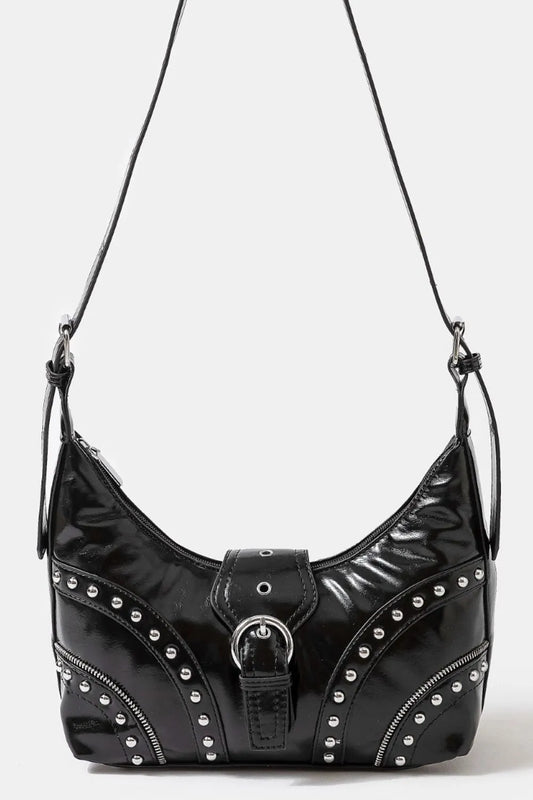 Fame Faux Leather Studded Trim Shoulder Bag - Velora Luxury Fashion