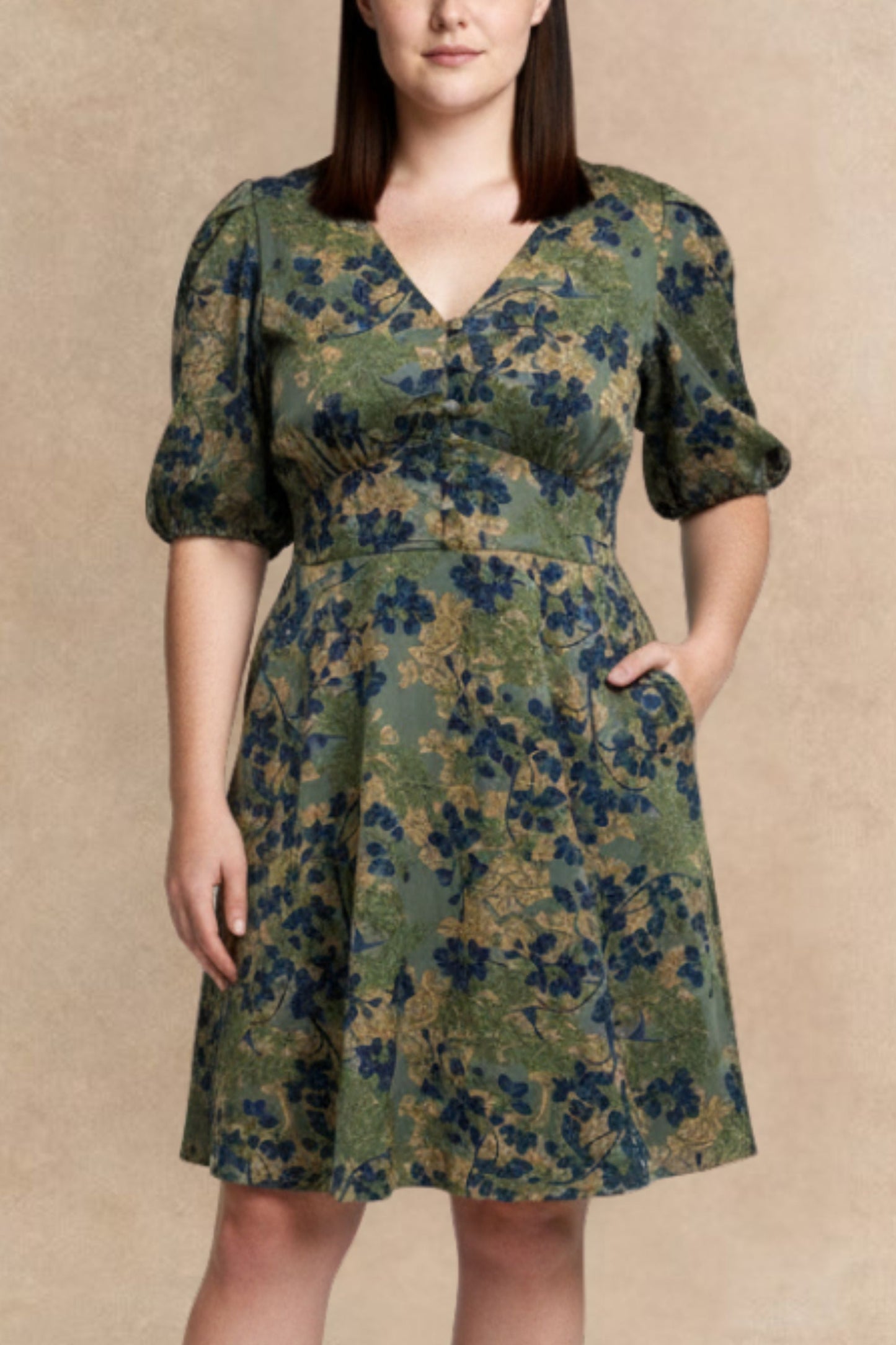 Fleur Green Floral Fit and Flare Dress Flowy Sleeves - Velora Luxury Fashion