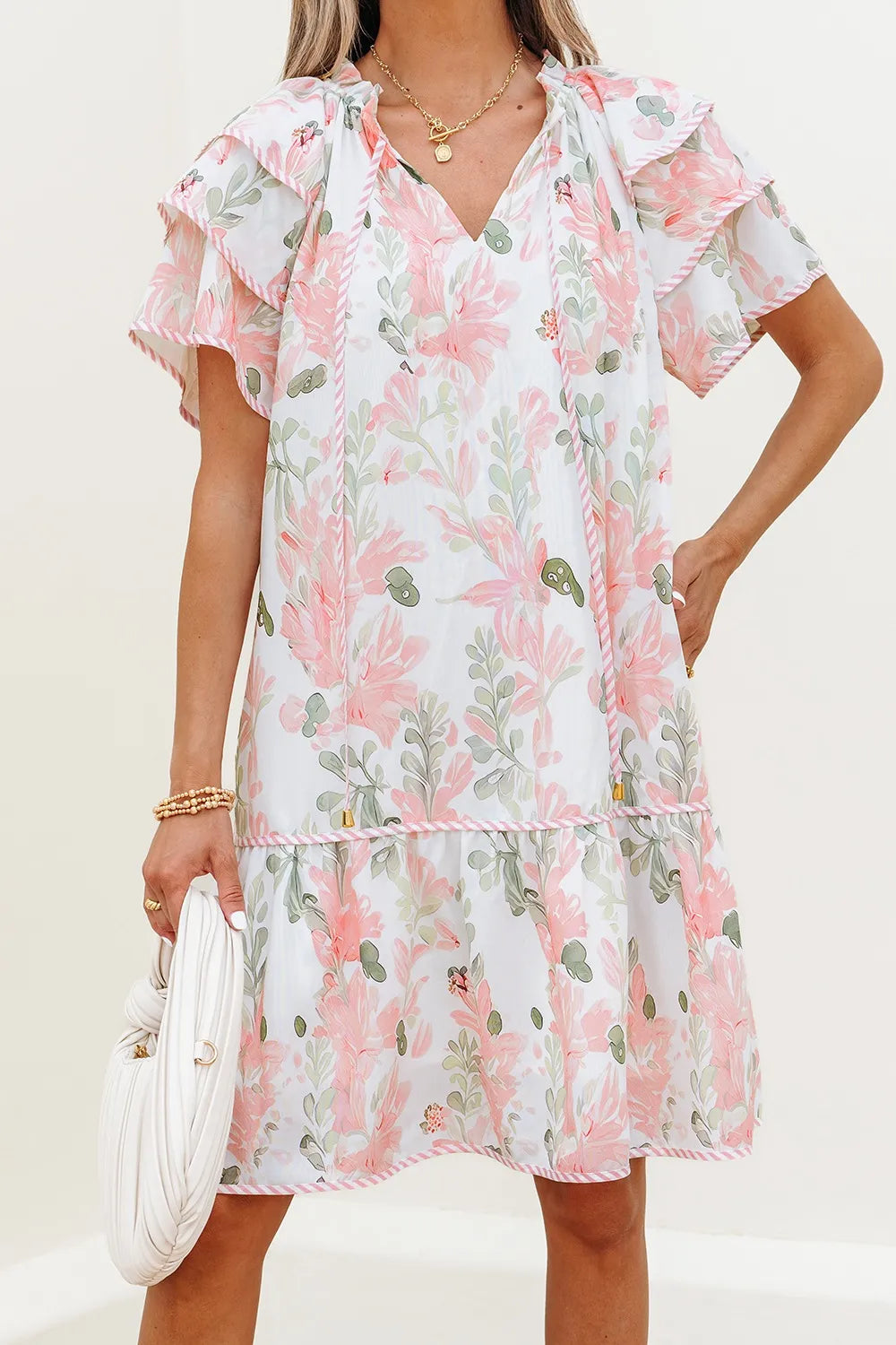 Floral Contrast Edge Layered Short Sleeve Mini Dress - Velora