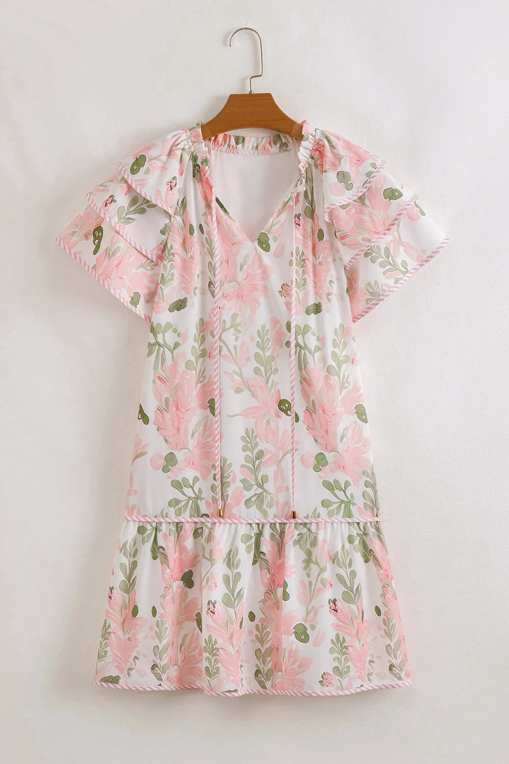 Floral Contrast Edge Layered Short Sleeve Mini Dress - Velora