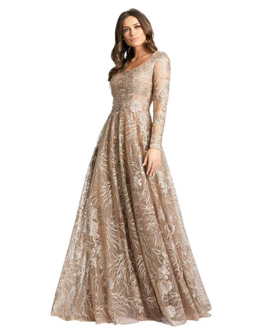 Floral Embroidered Long Sleeve Square Neck Gown - Velora Luxury Fashion