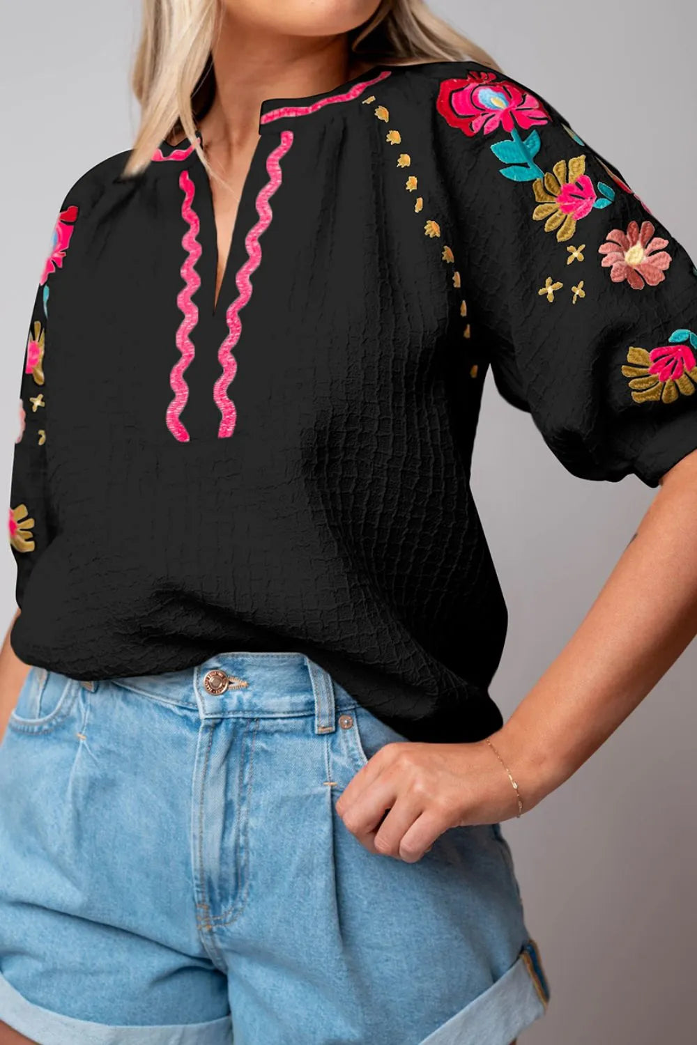 Floral Embroidered Notched Puff Sleeve Blouse - Velora Luxury Fashion