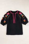 Floral Embroidered Notched Puff Sleeve Blouse - Velora Luxury Fashion