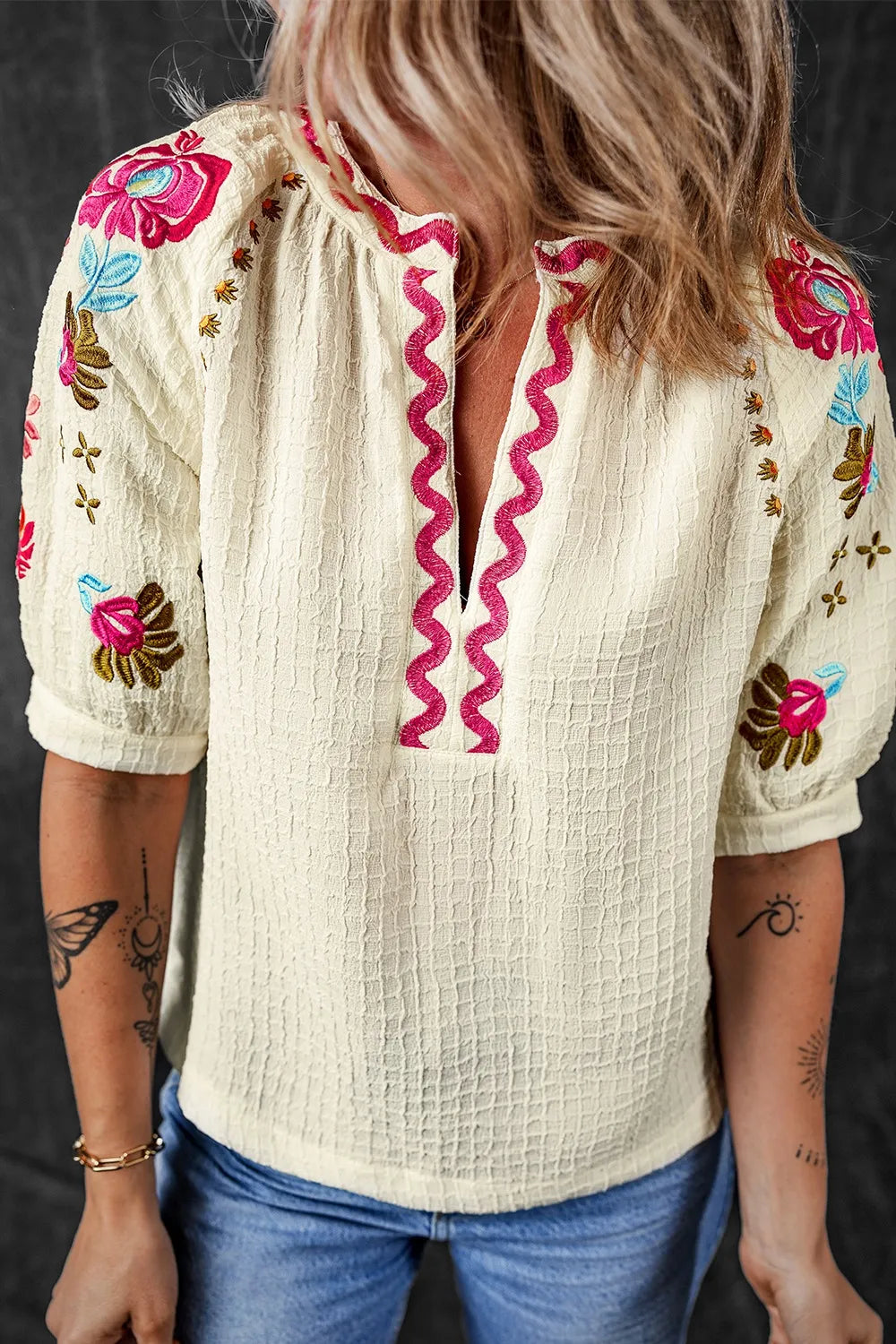 Floral Embroidered Notched Puff Sleeve Blouse - Velora Luxury Fashion