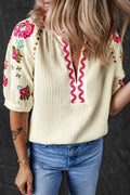 Floral Embroidered Notched Puff Sleeve Blouse - Velora Luxury Fashion