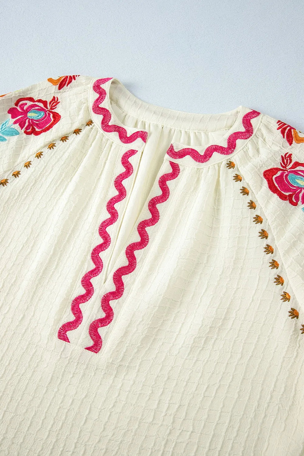 Floral Embroidered Notched Puff Sleeve Blouse - Velora Luxury Fashion