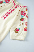 Floral Embroidered Notched Puff Sleeve Blouse - Velora Luxury Fashion