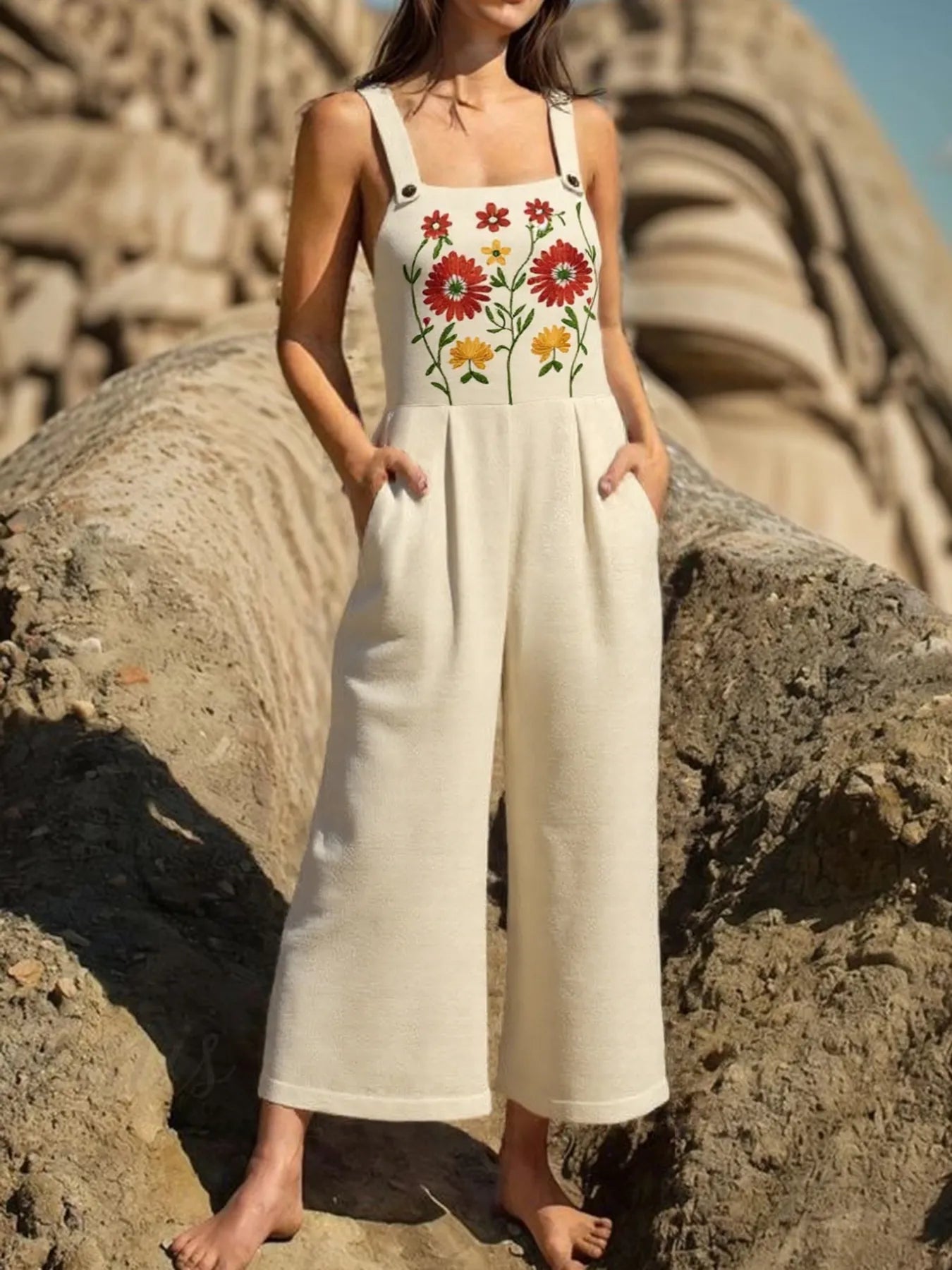 Floral Embroidered Wide Leg Jumpsuit - Velora Luxury Fashion