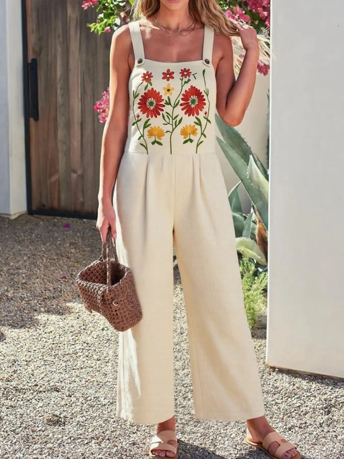 Floral Embroidered Wide Leg Jumpsuit - Velora Luxury Fashion