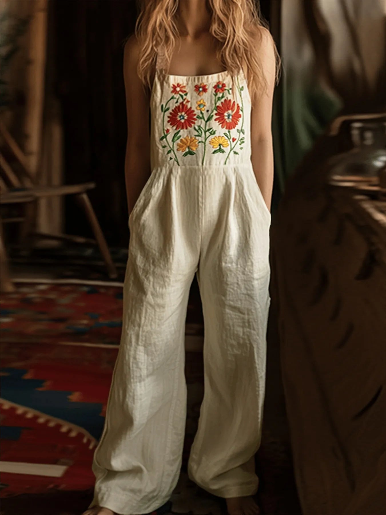 Floral Embroidered Wide Leg Jumpsuit - Velora Luxury Fashion