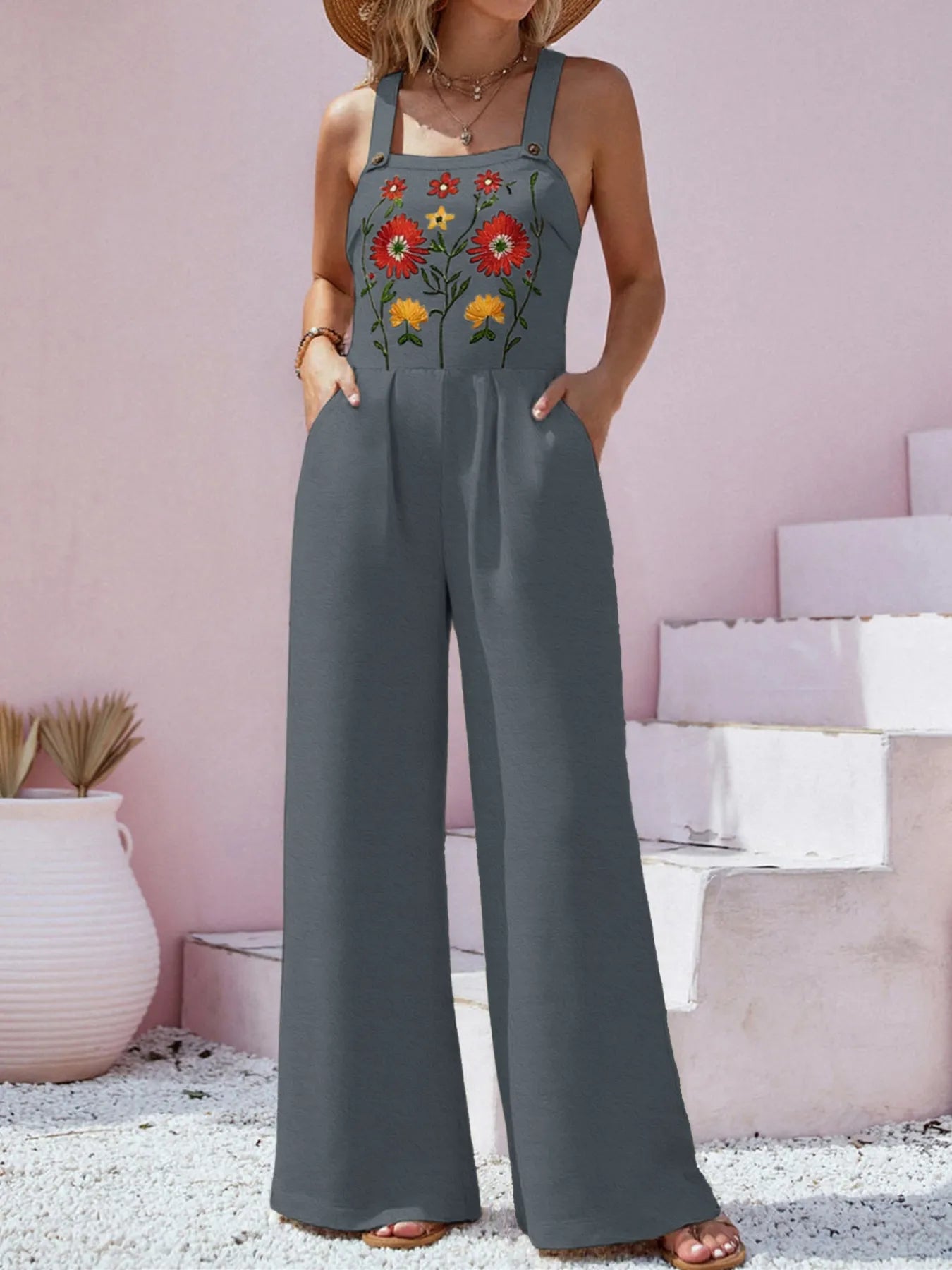 Floral Embroidered Wide Leg Jumpsuit - Velora Luxury Fashion