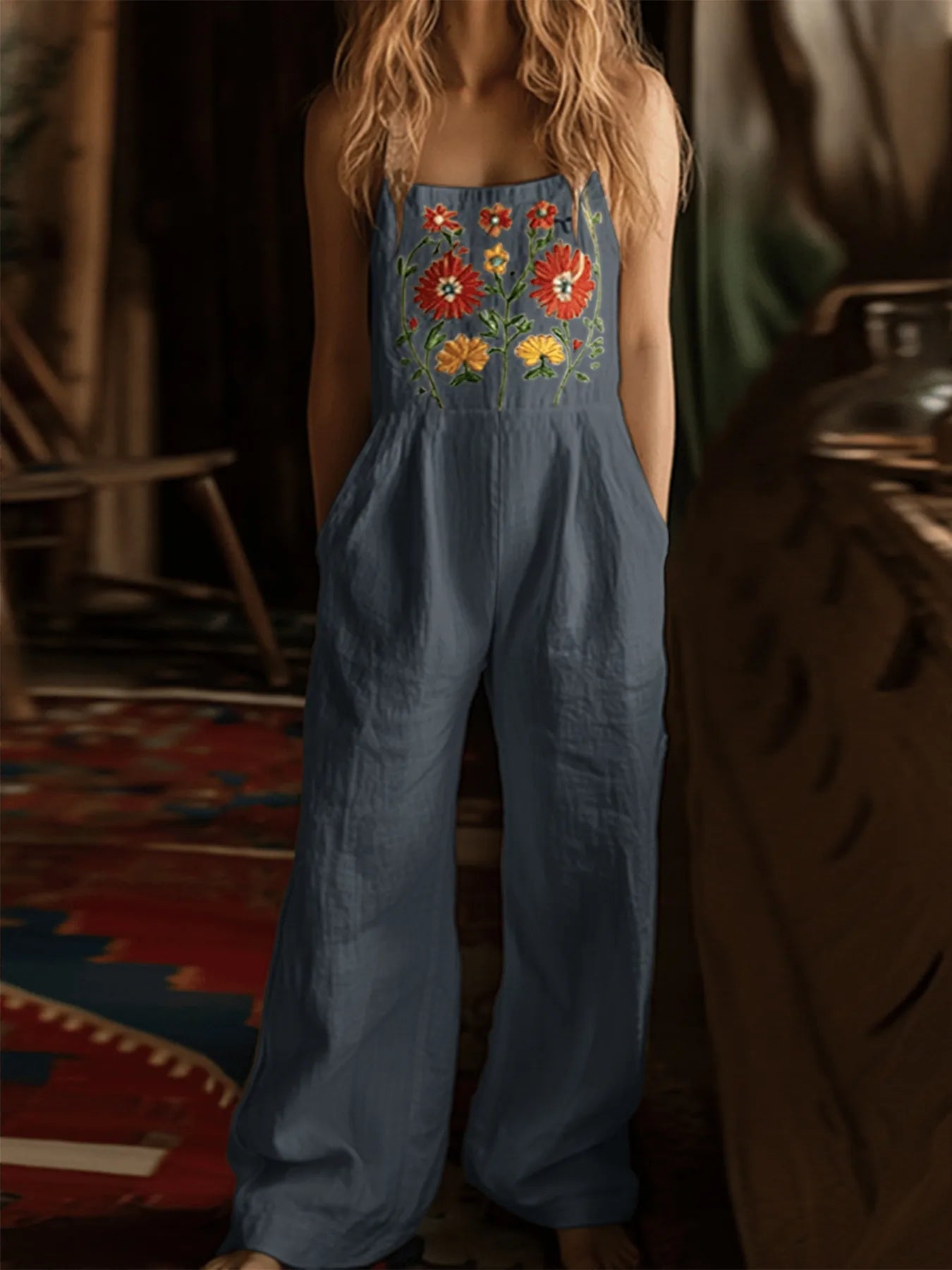 Floral Embroidered Wide Leg Jumpsuit - Velora Luxury Fashion