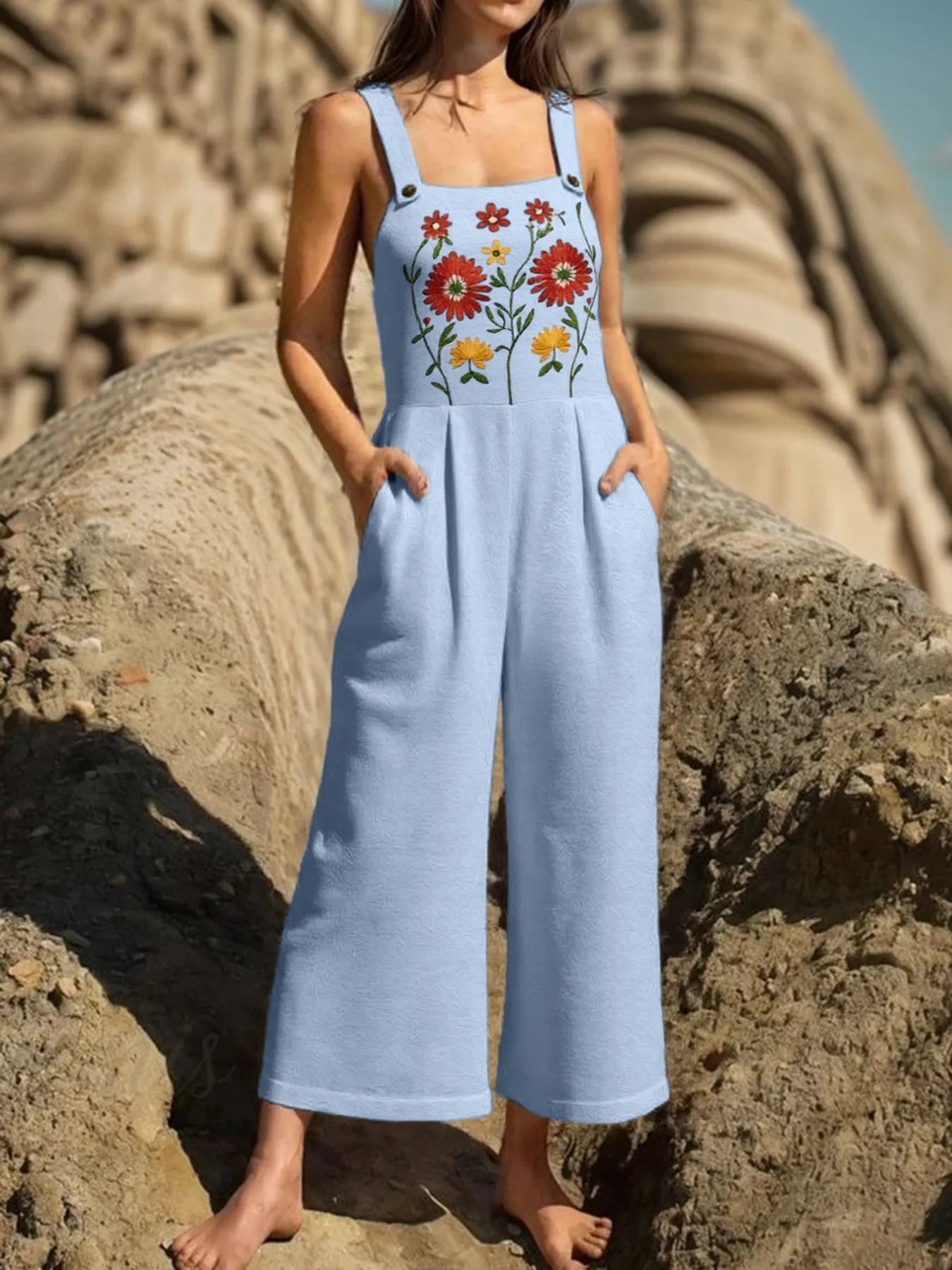 Floral Embroidered Wide Leg Jumpsuit - Velora Luxury Fashion