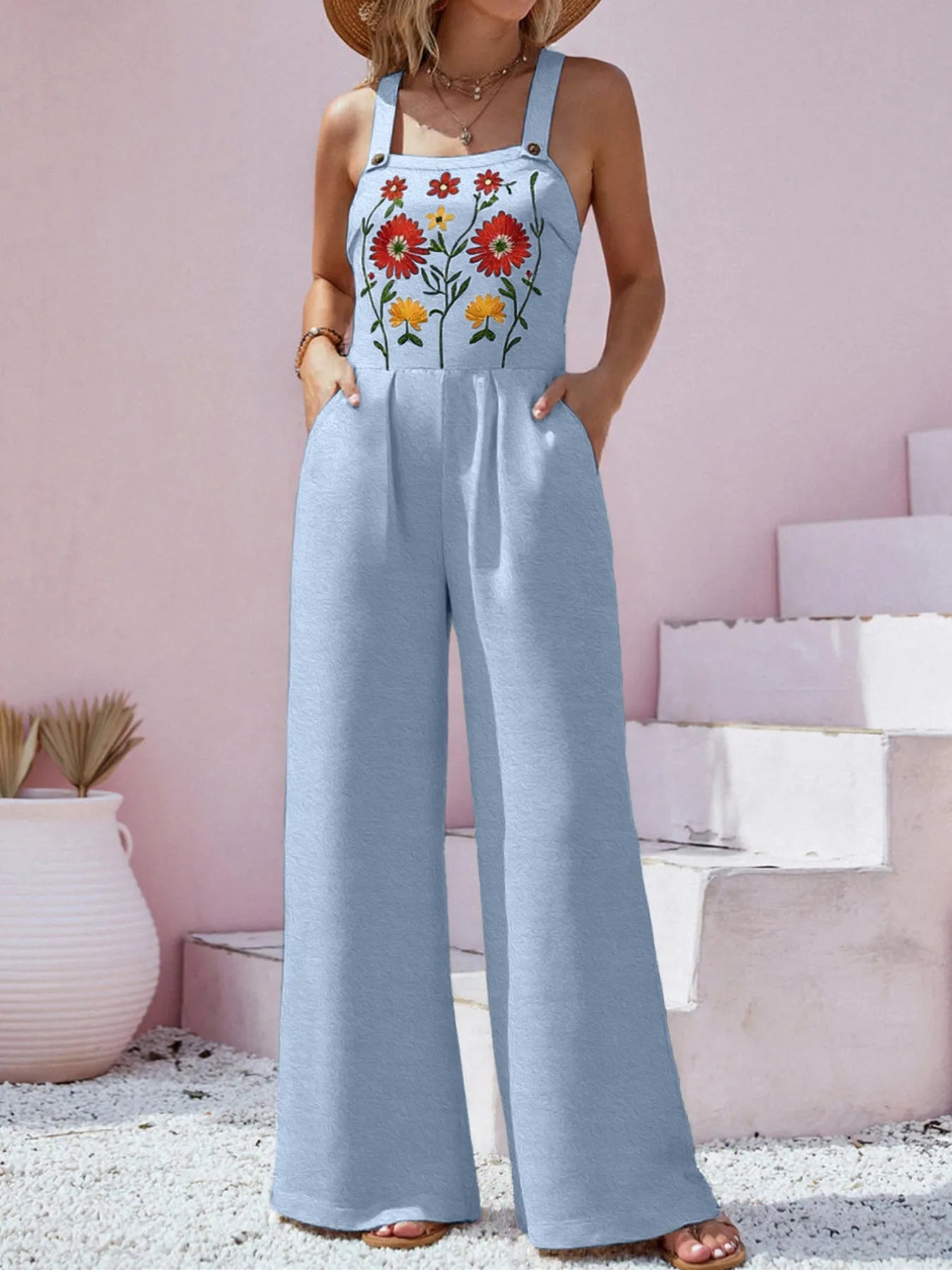Floral Embroidered Wide Leg Jumpsuit - Velora Luxury Fashion