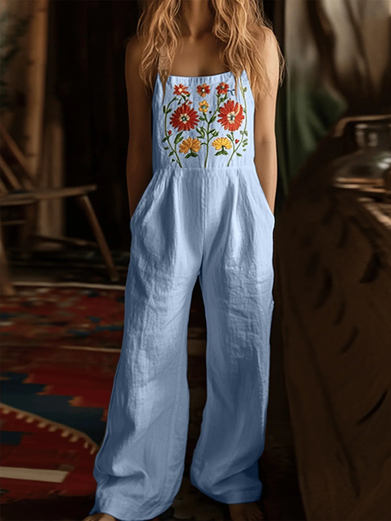 Floral Embroidered Wide Leg Jumpsuit - Velora Luxury Fashion