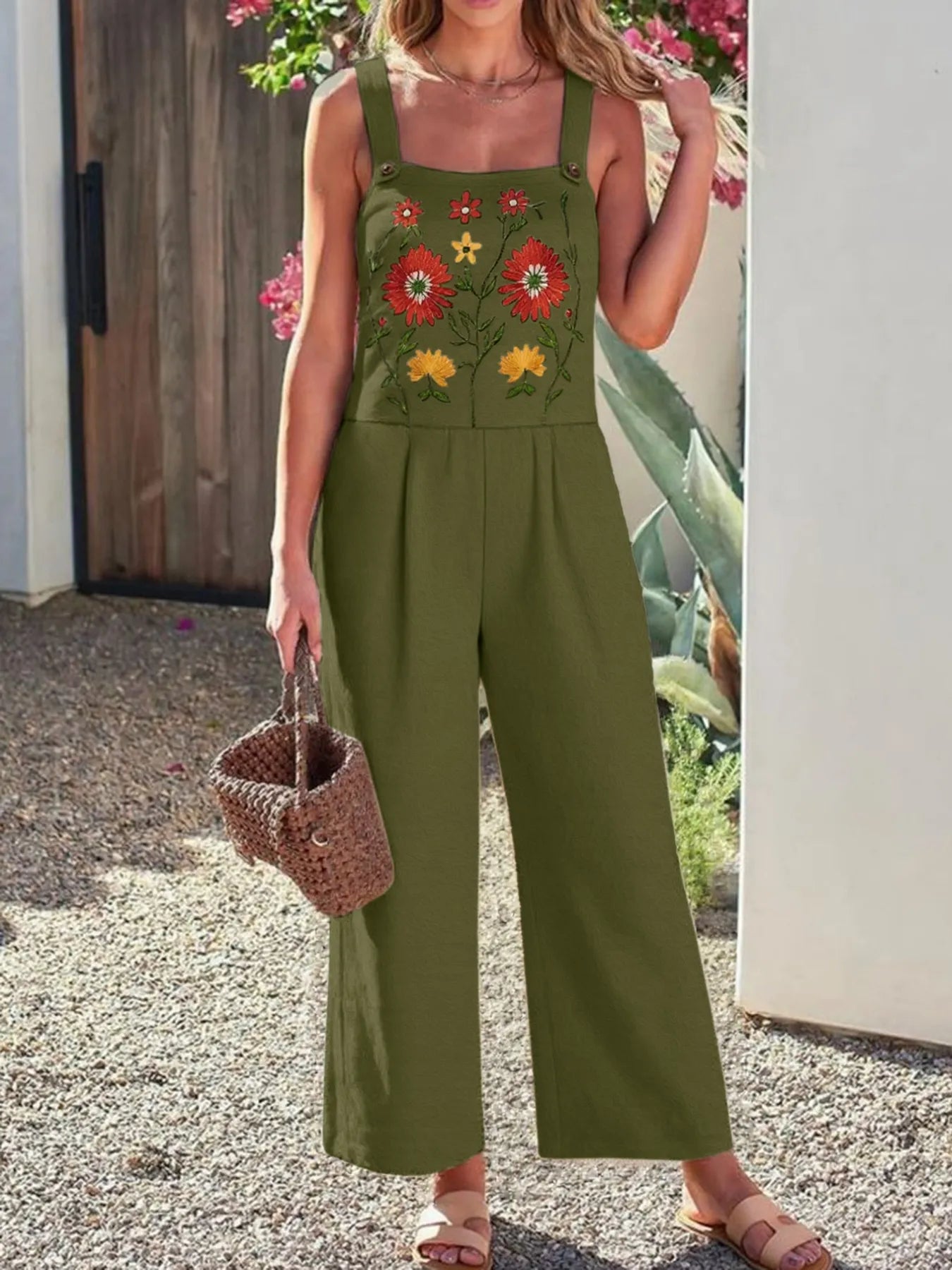 Floral Embroidered Wide Leg Jumpsuit - Velora Luxury Fashion