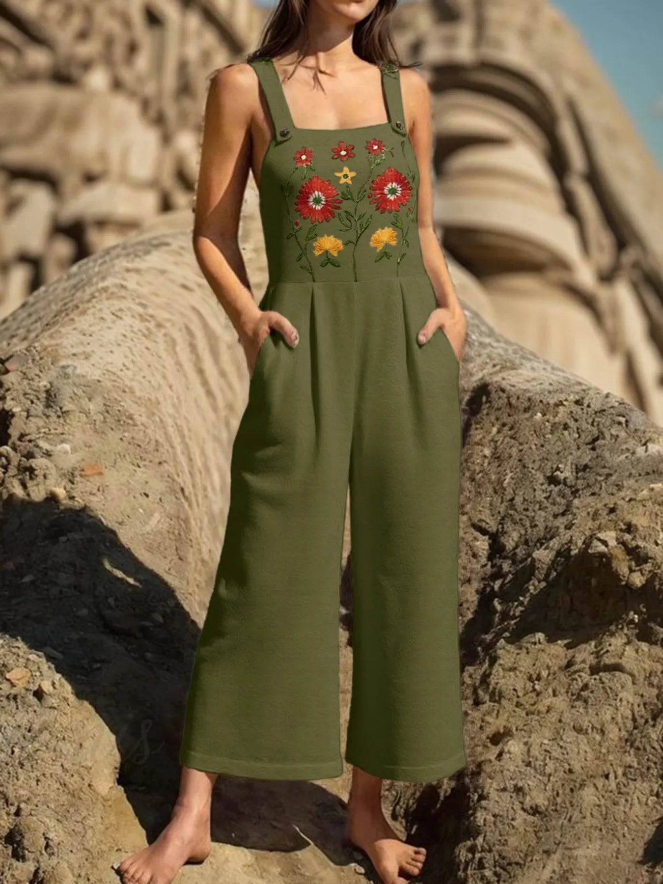 Floral Embroidered Wide Leg Jumpsuit - Velora Luxury Fashion