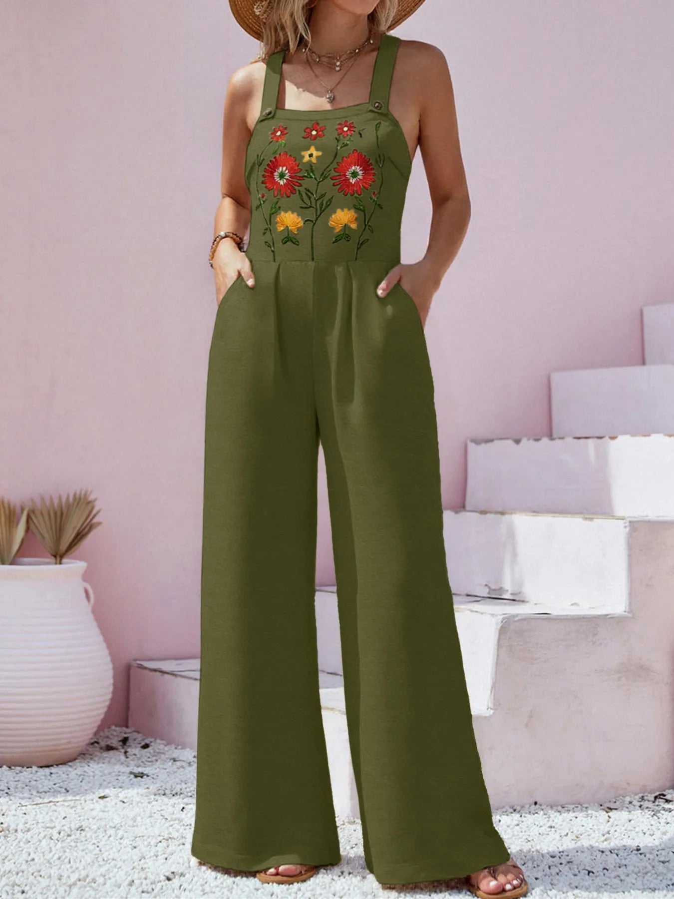 Floral Embroidered Wide Leg Jumpsuit - Velora Luxury Fashion