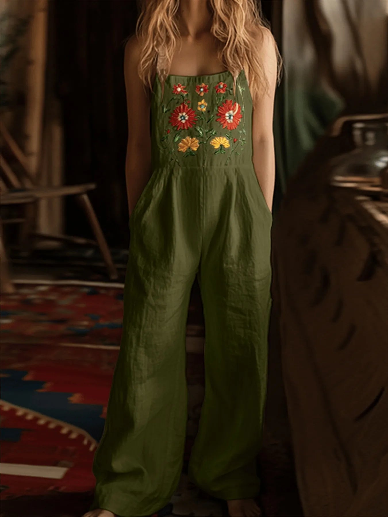 Floral Embroidered Wide Leg Jumpsuit - Velora Luxury Fashion