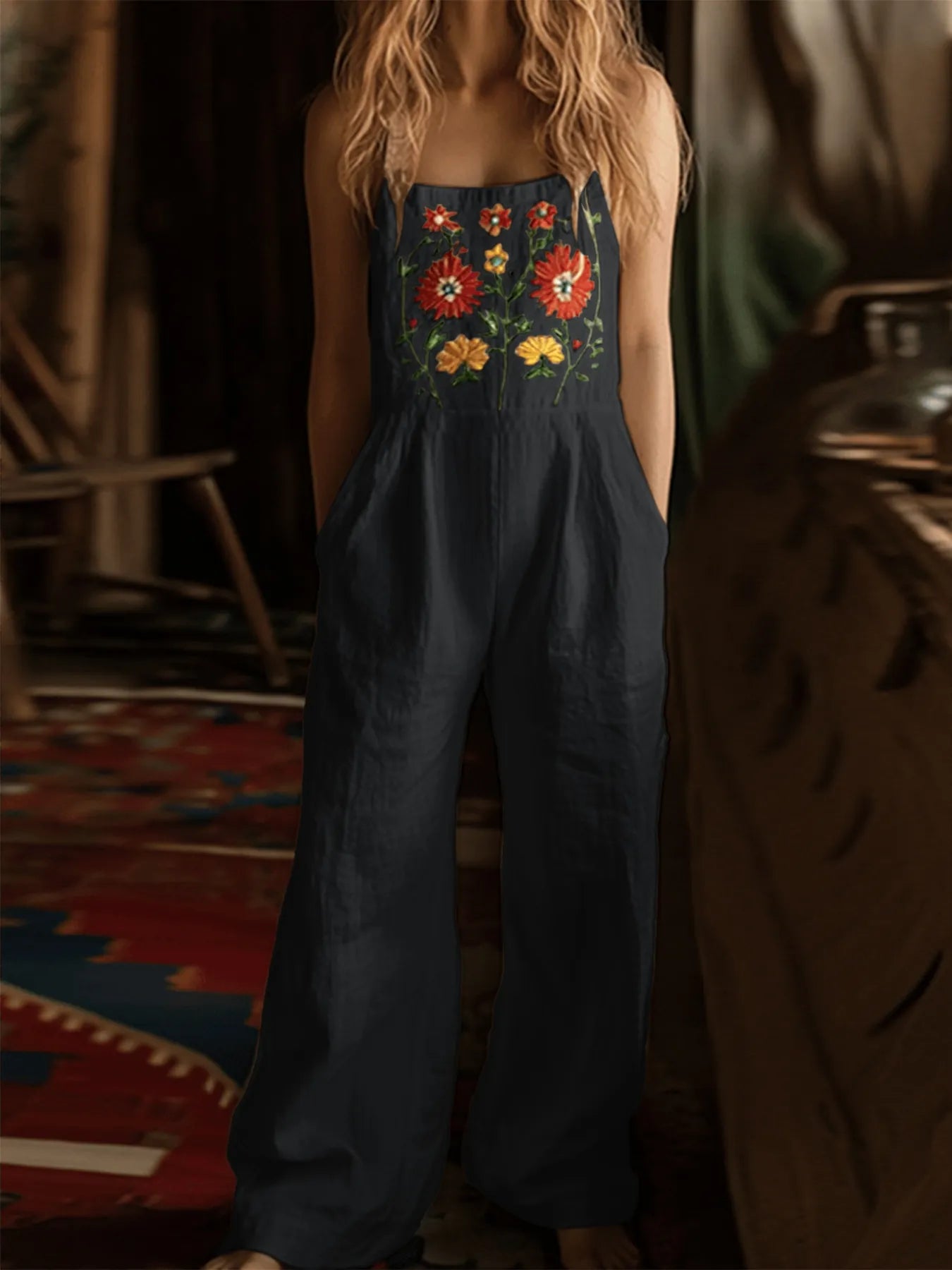 Floral Embroidered Wide Leg Jumpsuit - Velora Luxury Fashion