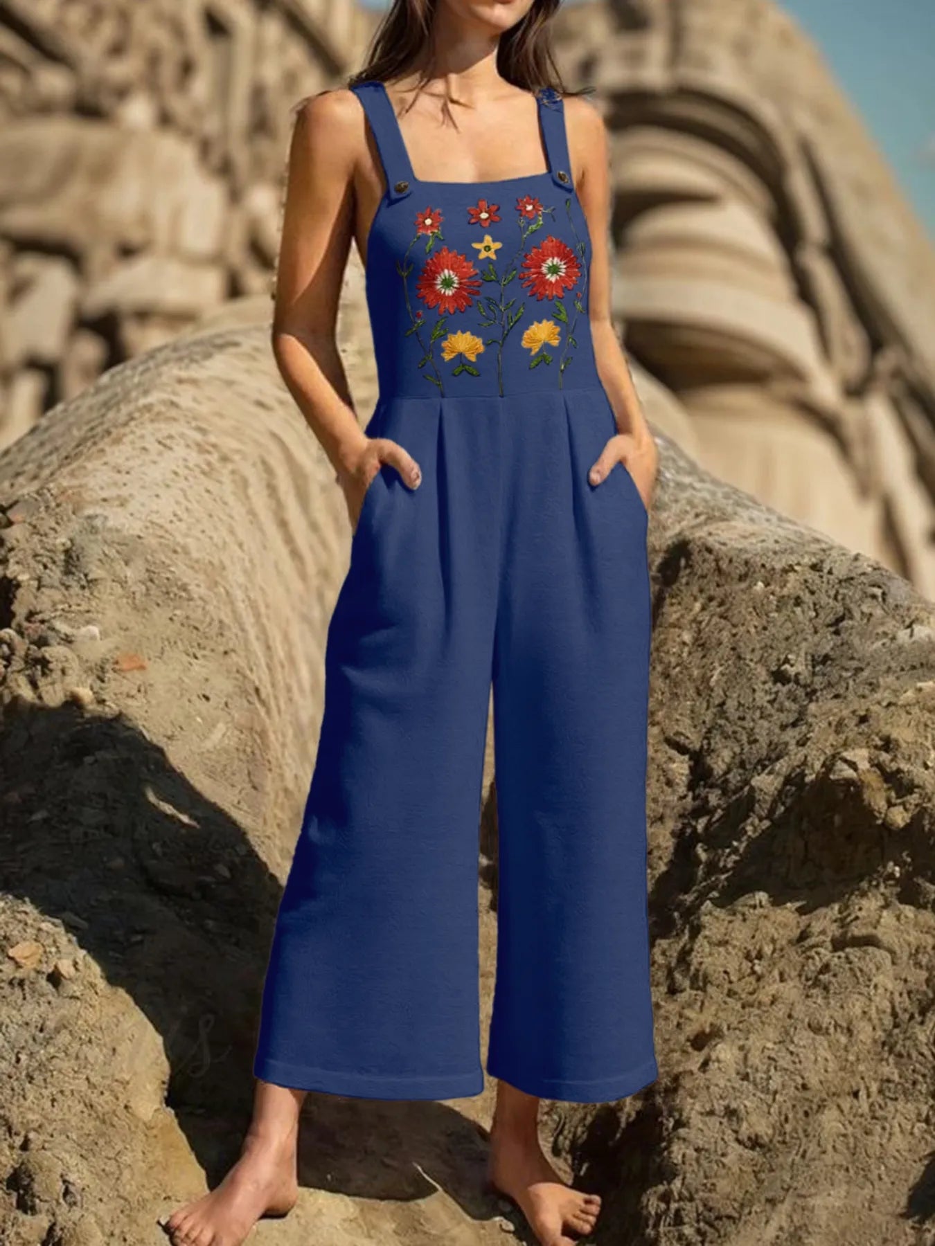 Floral Embroidered Wide Leg Jumpsuit - Velora Luxury Fashion