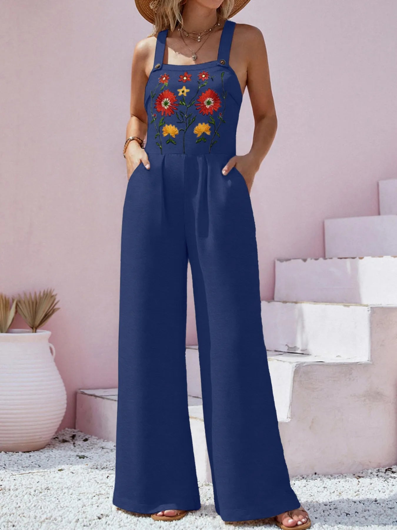 Floral Embroidered Wide Leg Jumpsuit - Velora Luxury Fashion