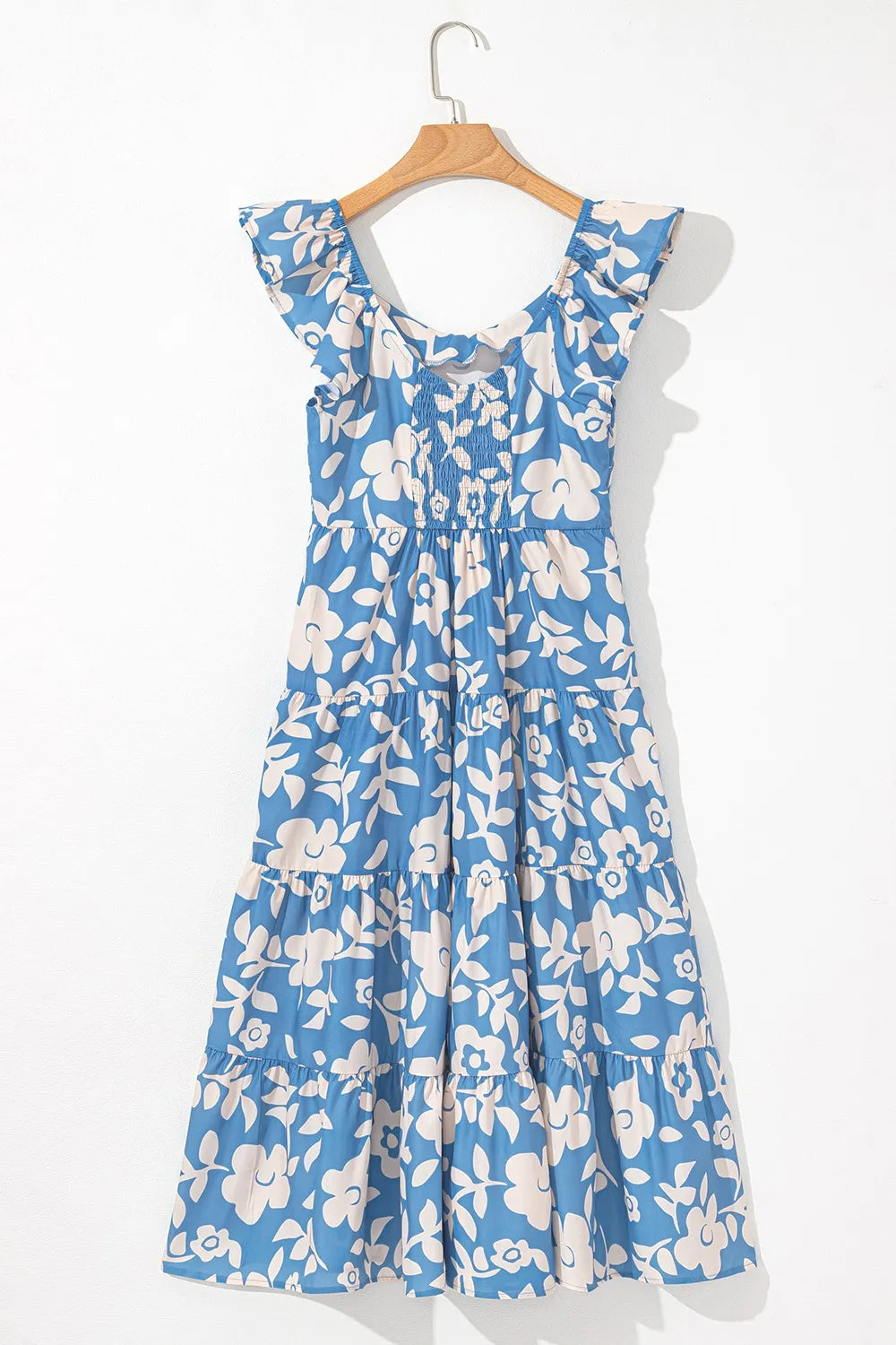 Floral Flutter Shoulder Tiered Flowy Midi Dress - Velora Luxury Fashion