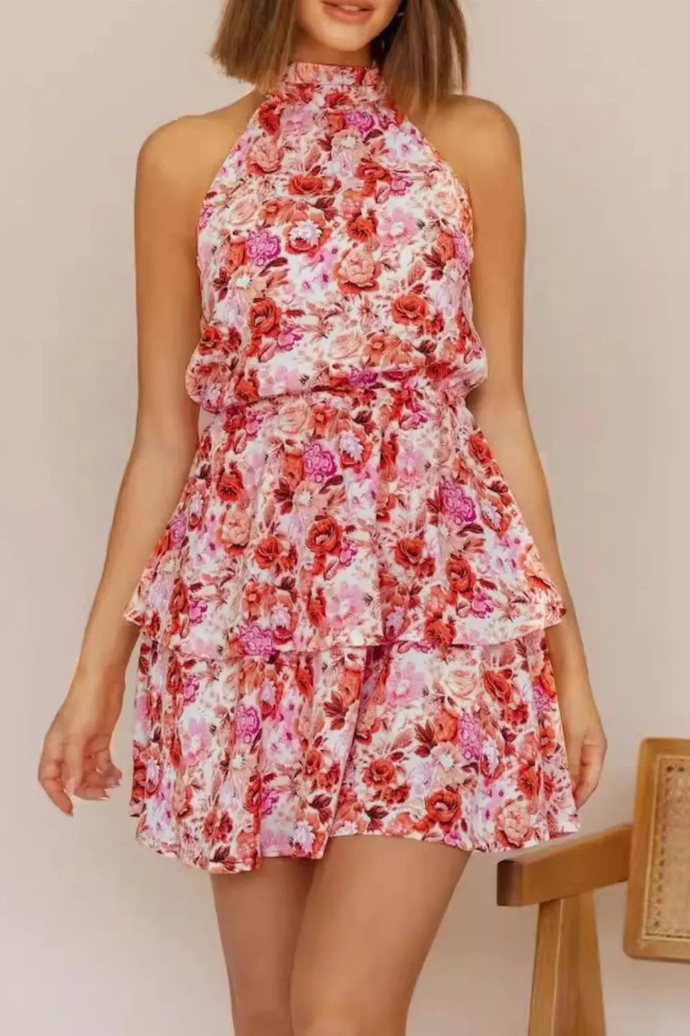 Floral Halter Neck Mini Dress - Velora Luxury Fashion