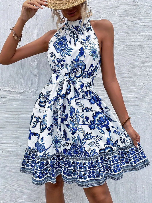 Floral Halter Neck Summer Dress with Belt - Velora Luxury Fashion