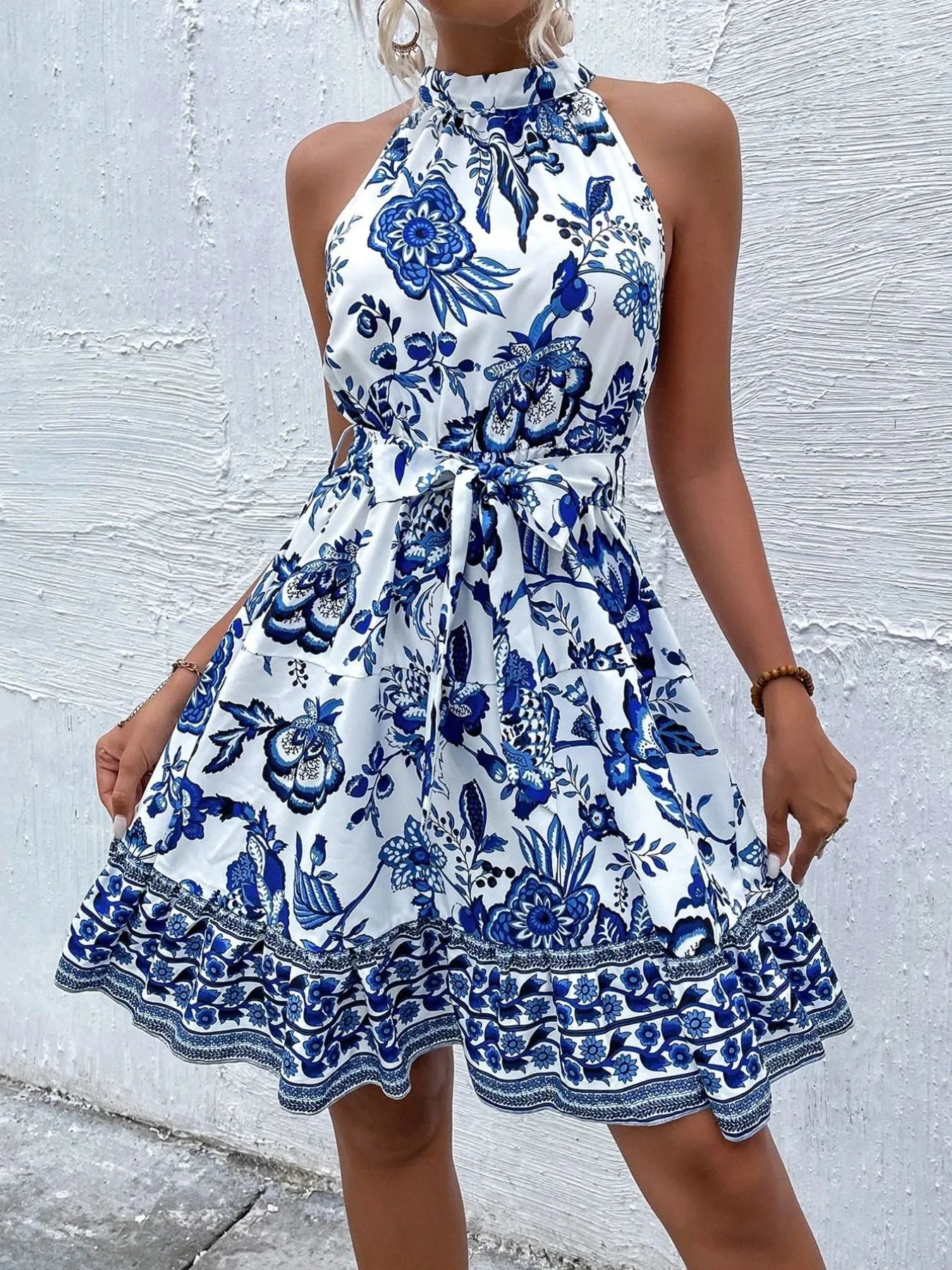 Floral Halter Neck Summer Dress with Belt - Velora Luxury Fashion