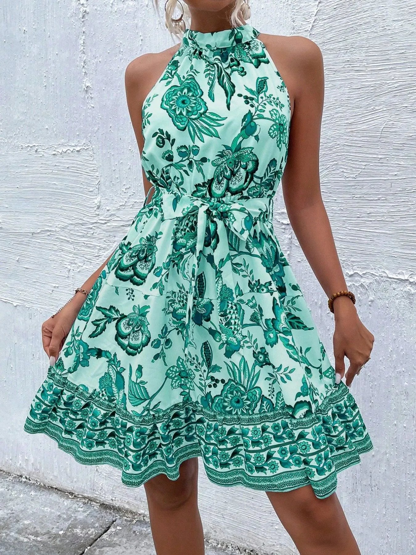 Floral Halter Neck Summer Dress with Belt - Velora Luxury Fashion