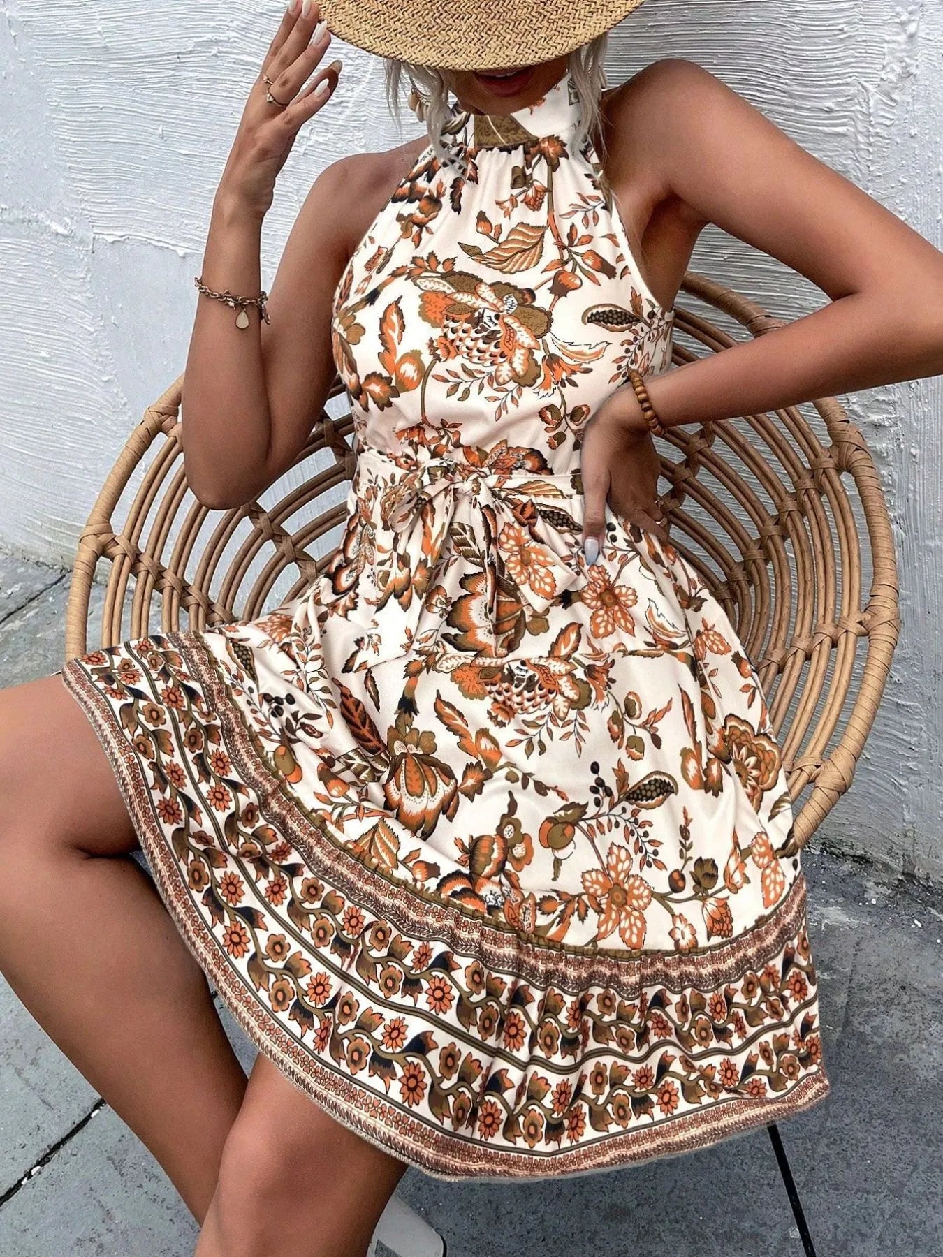 Floral Halter Neck Summer Dress with Belt - Velora Luxury Fashion