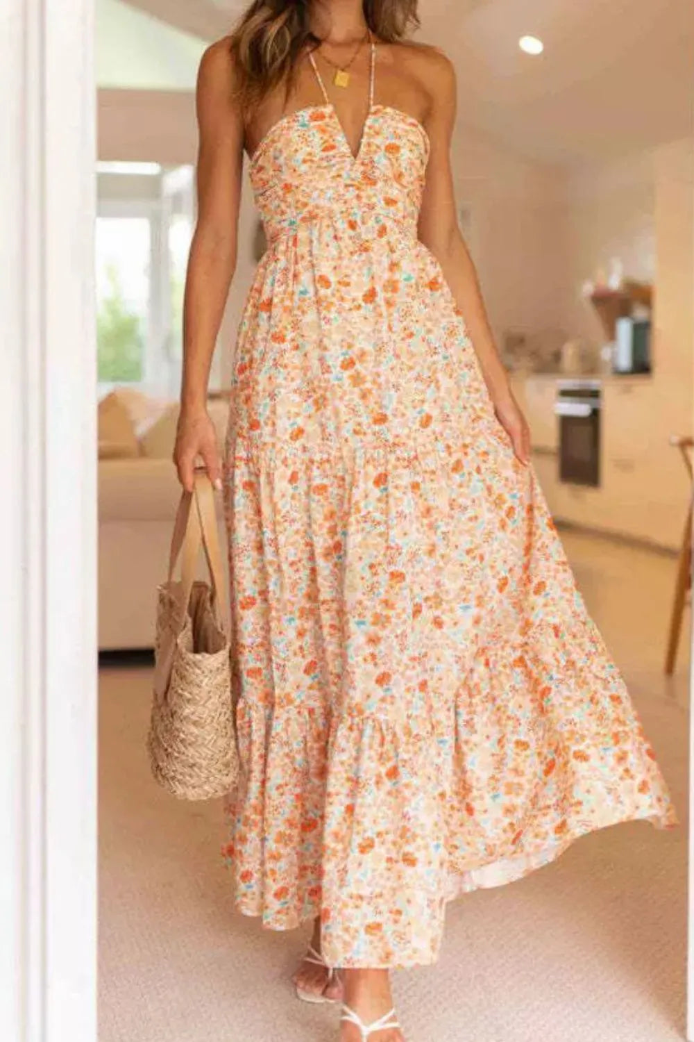 Floral Halter Neck Tiered Maxi Dress - Velora Luxury Fashion