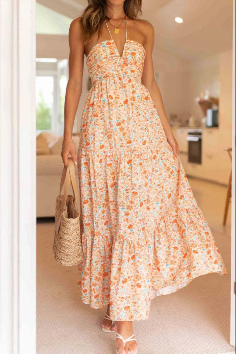 Floral Halter Neck Tiered Maxi Dress - Velora Luxury Fashion