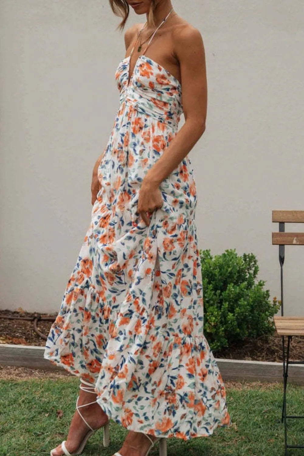 Floral Halter Neck Tiered Maxi Dress - Velora Luxury Fashion