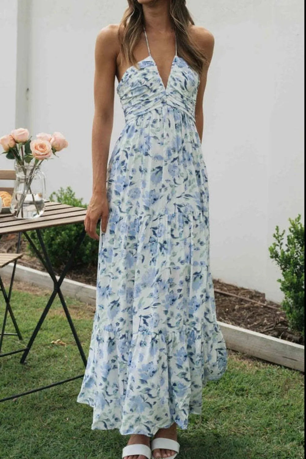 Floral Halter Neck Tiered Maxi Dress - Velora Luxury Fashion