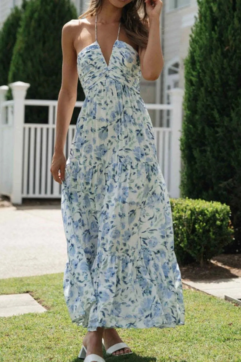 Floral Halter Neck Tiered Maxi Dress - Velora Luxury Fashion