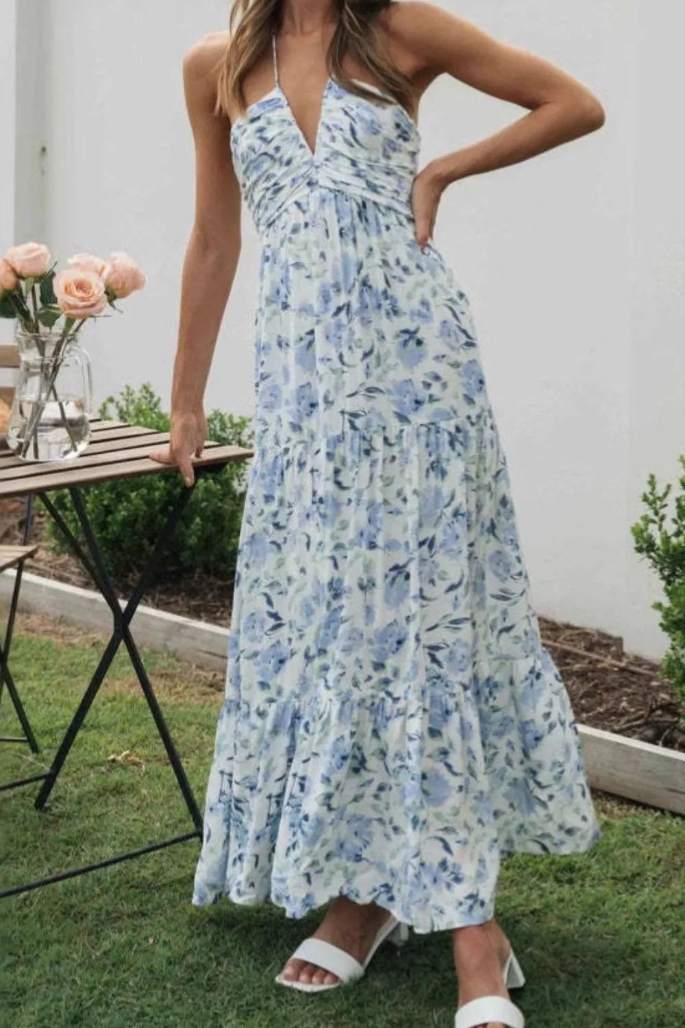 Floral Halter Neck Tiered Maxi Dress - Velora Luxury Fashion