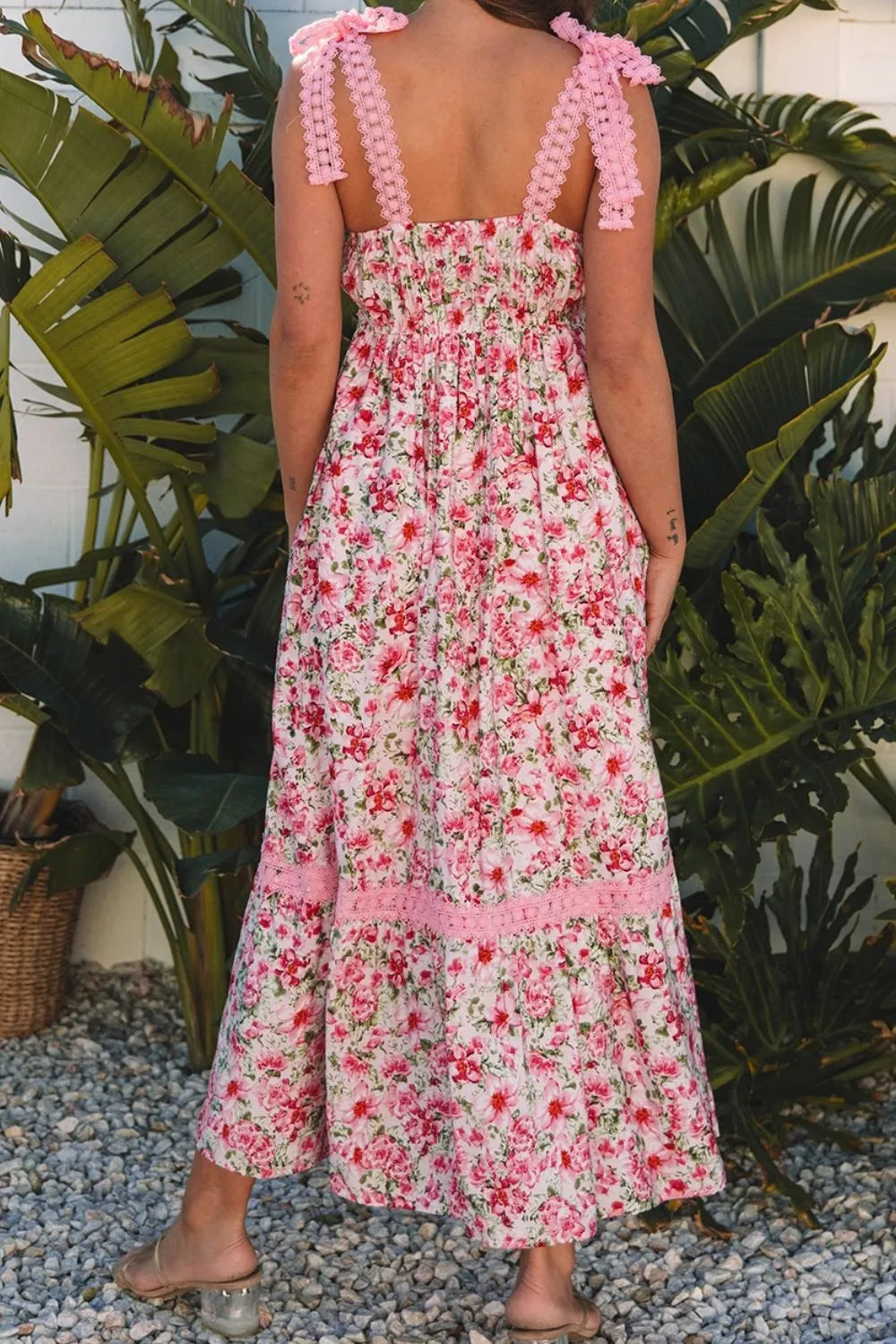 Floral Lace Tied Strap Square Neck Dress with Pockets - Velora Luxury Fashion