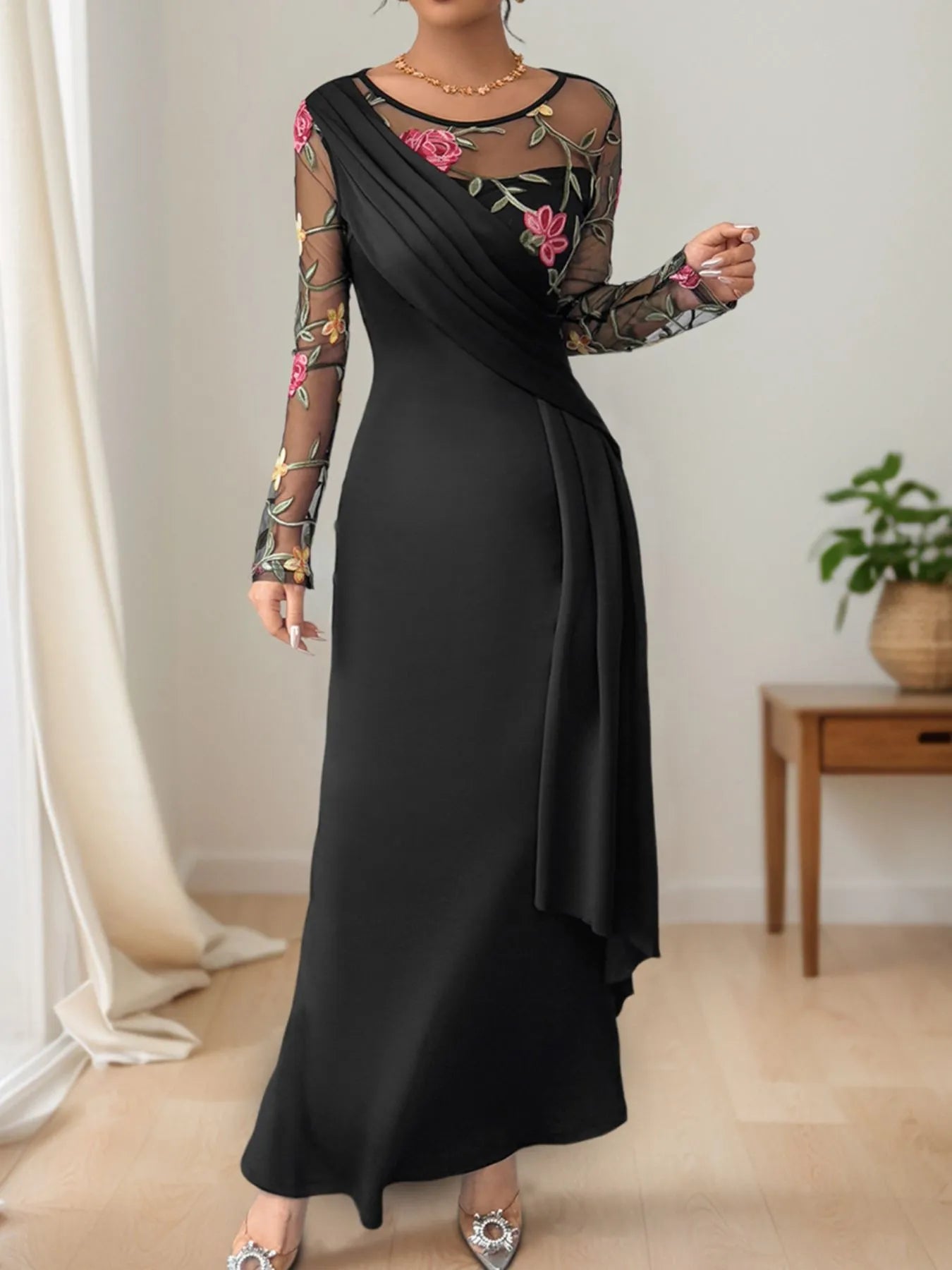 Floral Mesh Sleeve Ruched Maxi Dress - Velora Luxury Fashion