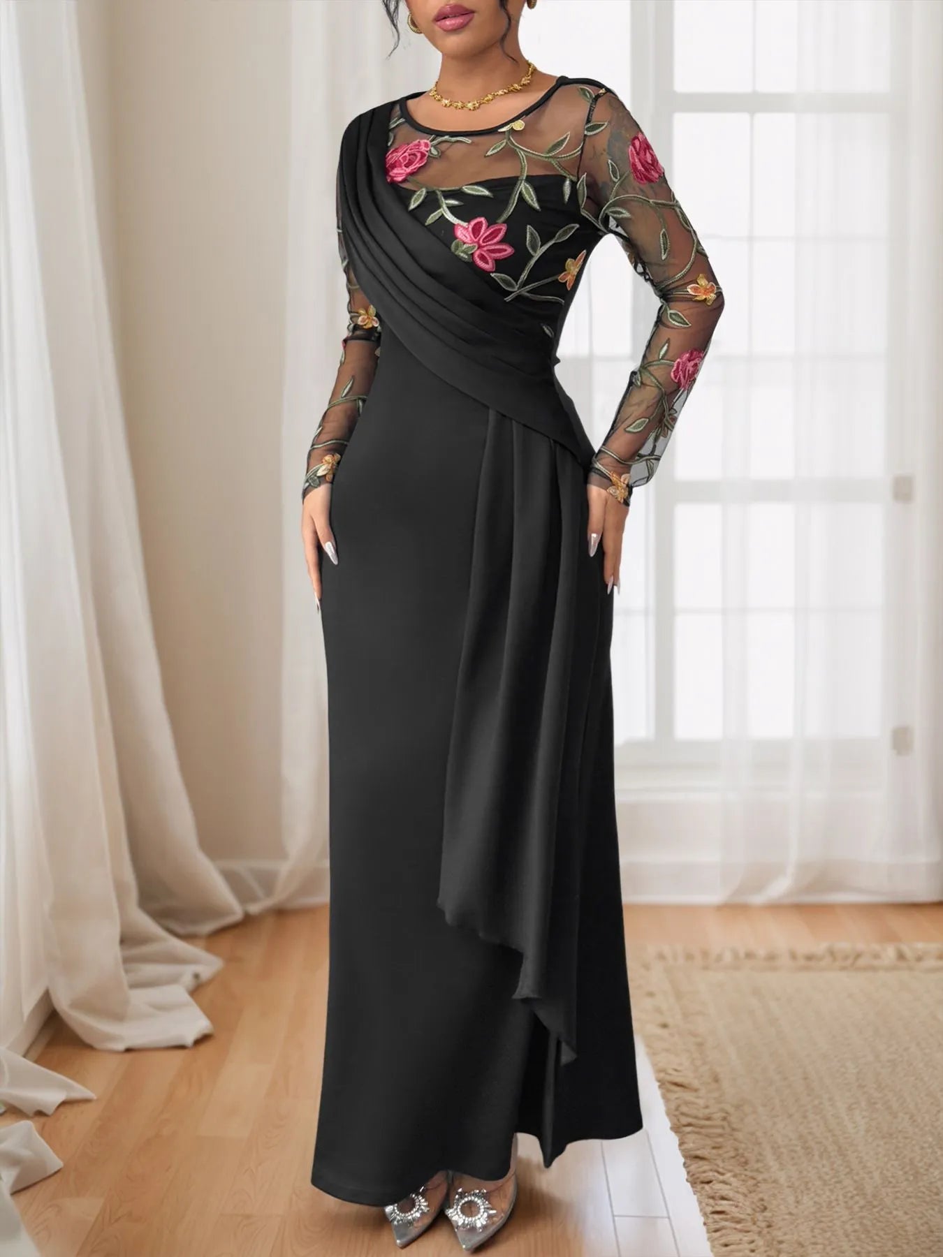 Floral Mesh Sleeve Ruched Maxi Dress - Velora Luxury Fashion