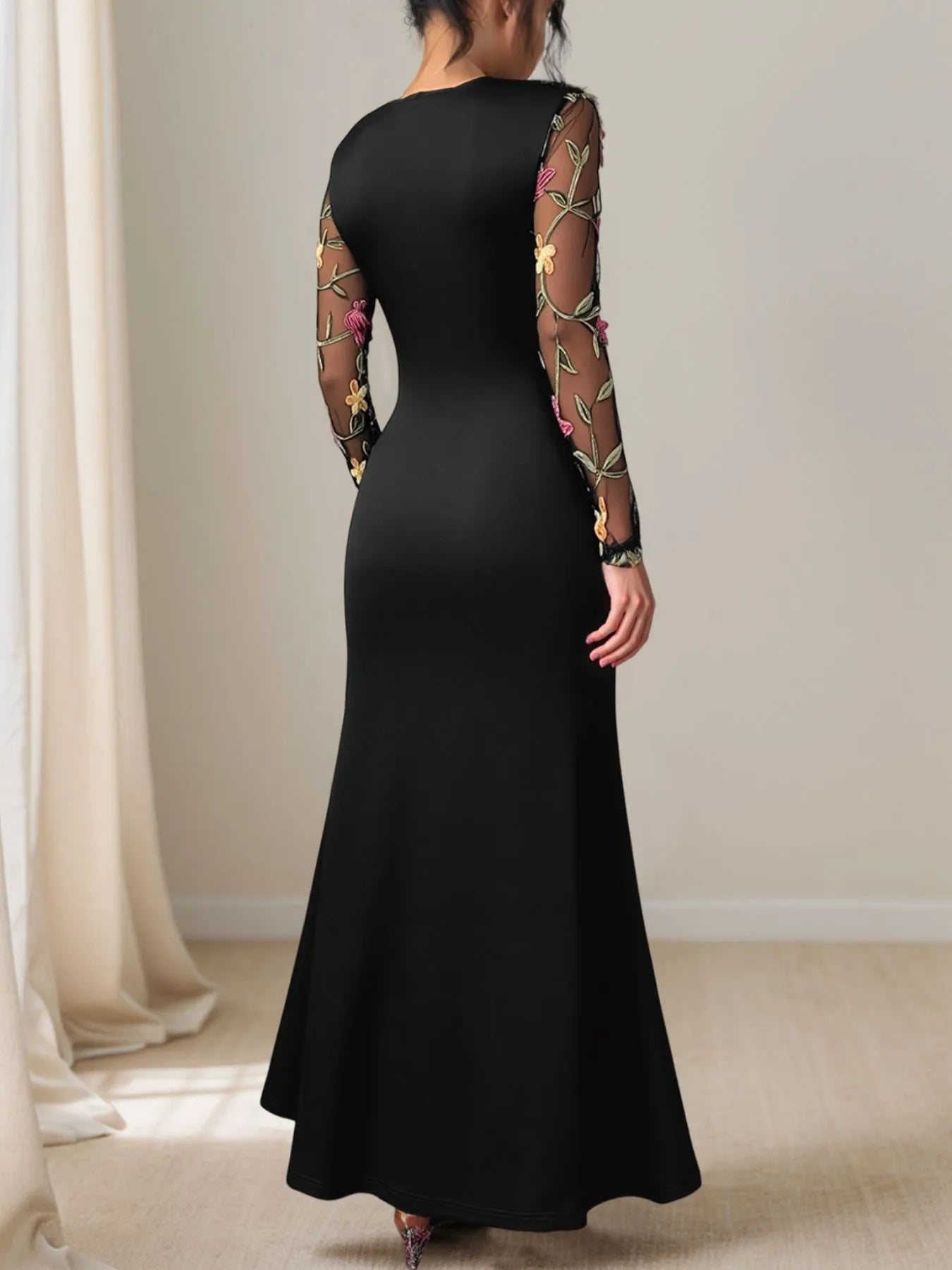 Floral Mesh Sleeve Ruched Maxi Dress - Velora Luxury Fashion