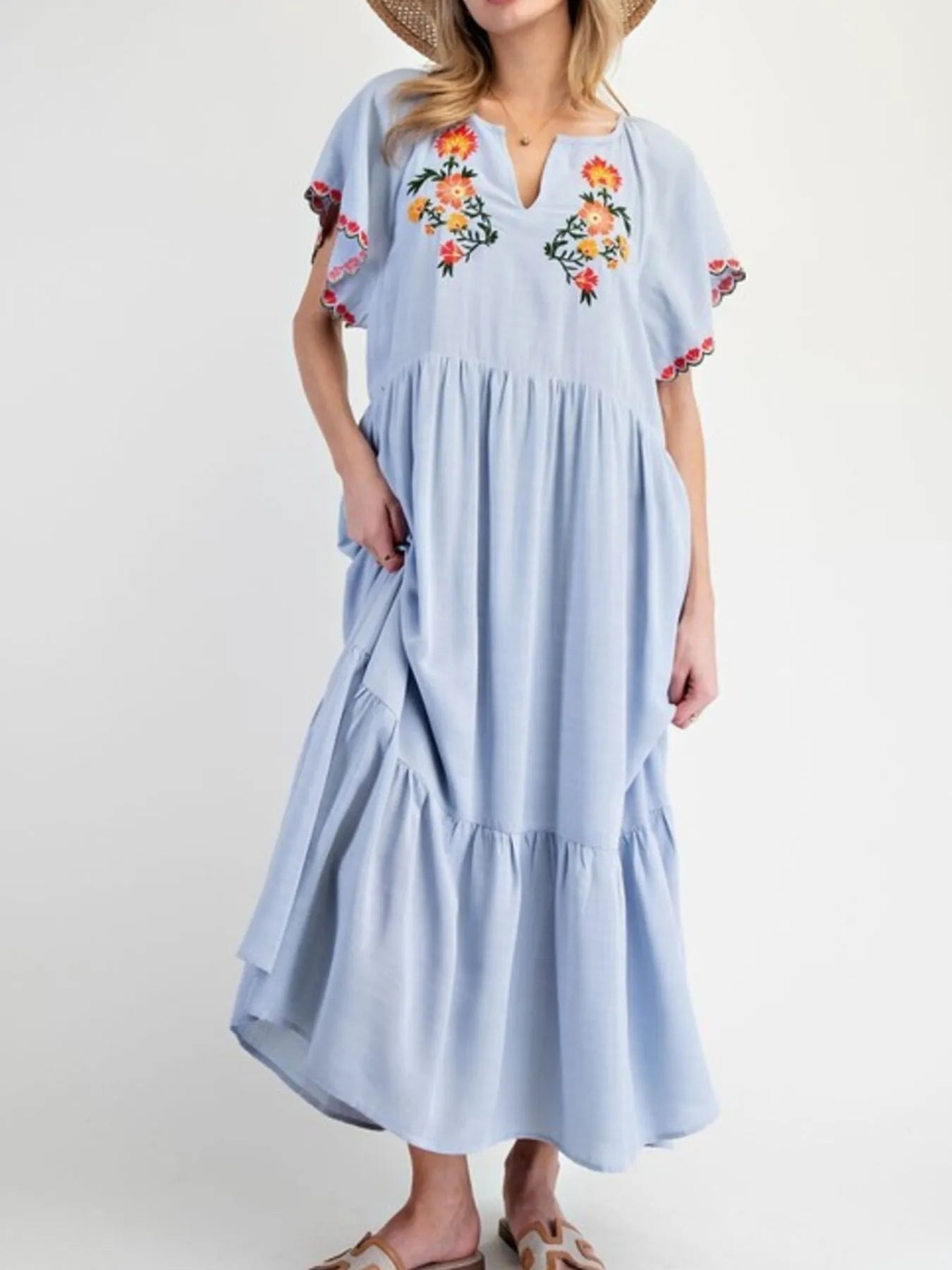 Floral Notched Flutter Sleeve Dress - Velora Luxury Fashion