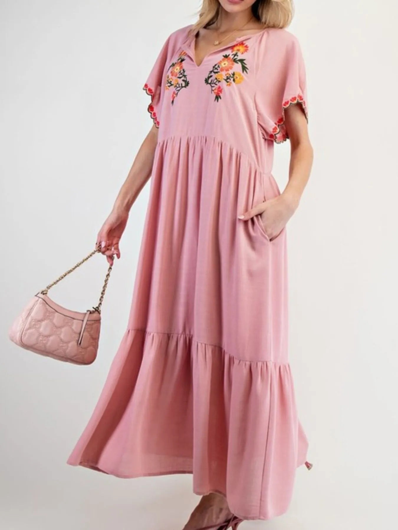 Floral Notched Flutter Sleeve Dress - Velora Luxury Fashion