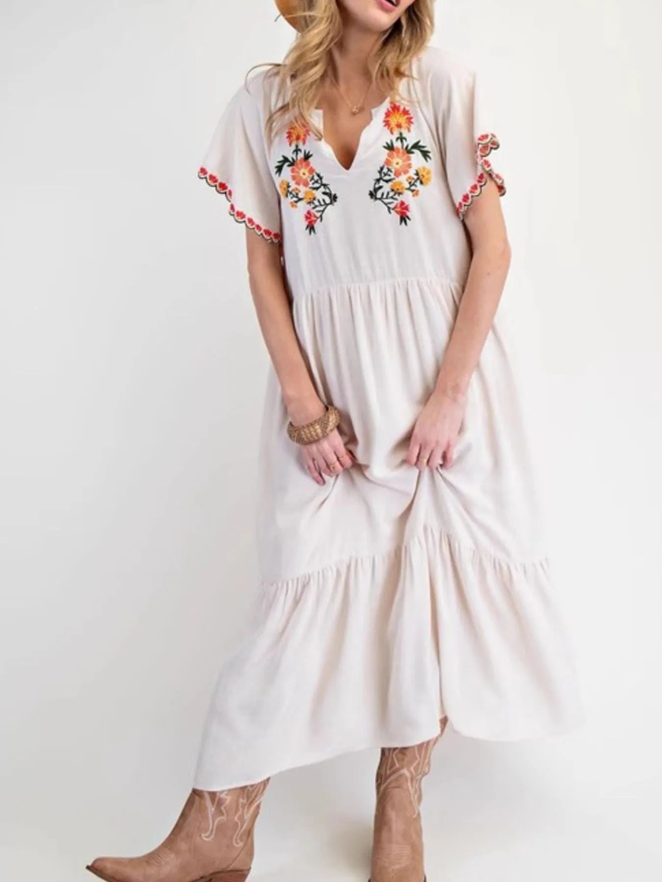 Floral Notched Flutter Sleeve Dress - Velora Luxury Fashion