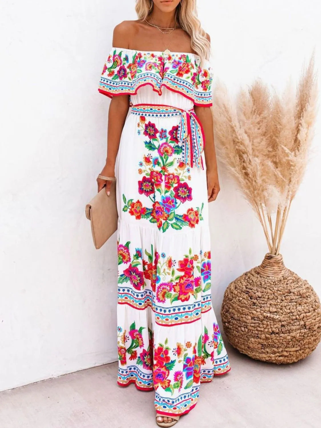Floral Off Shoulder Ruffle Maxi Dress - Velora Luxury Fashion