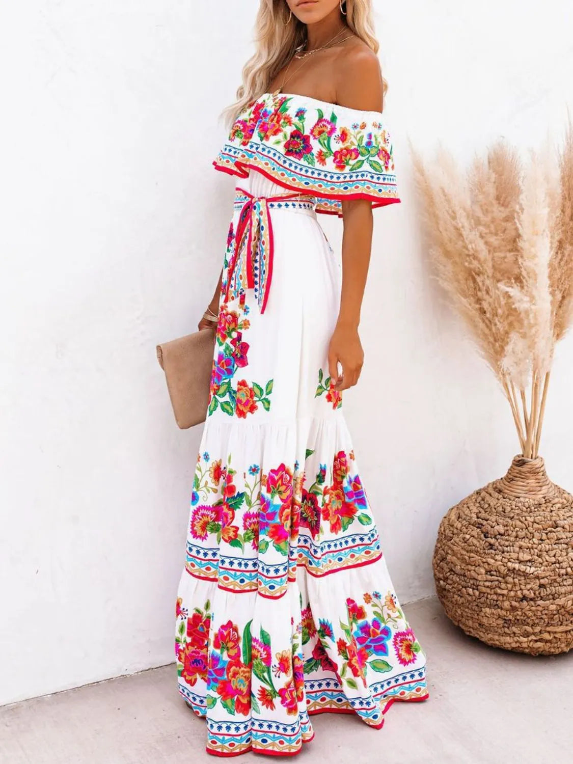 Floral Off Shoulder Ruffle Maxi Dress - Velora Luxury Fashion