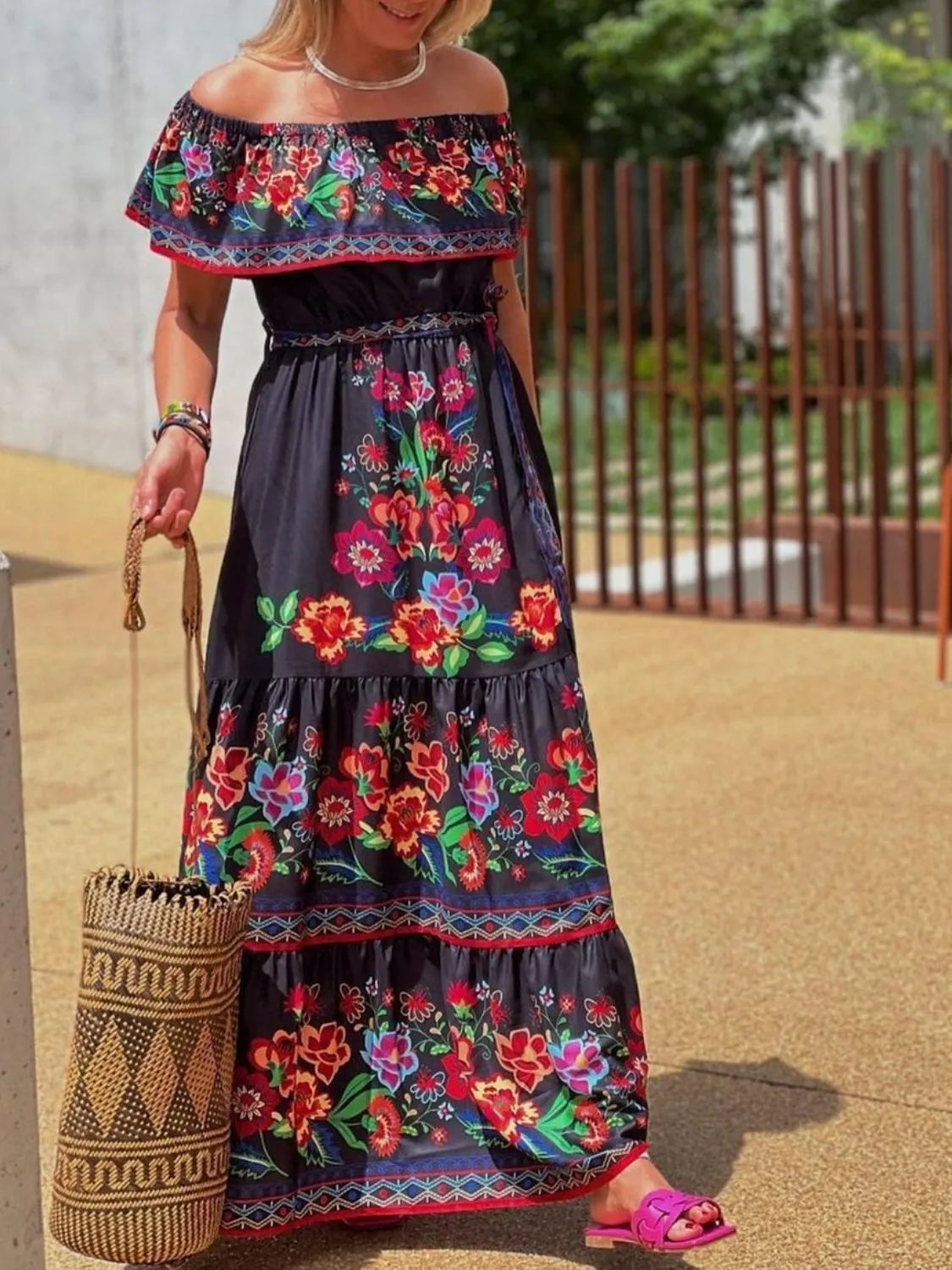 Floral Off Shoulder Ruffle Maxi Dress - Velora Luxury Fashion