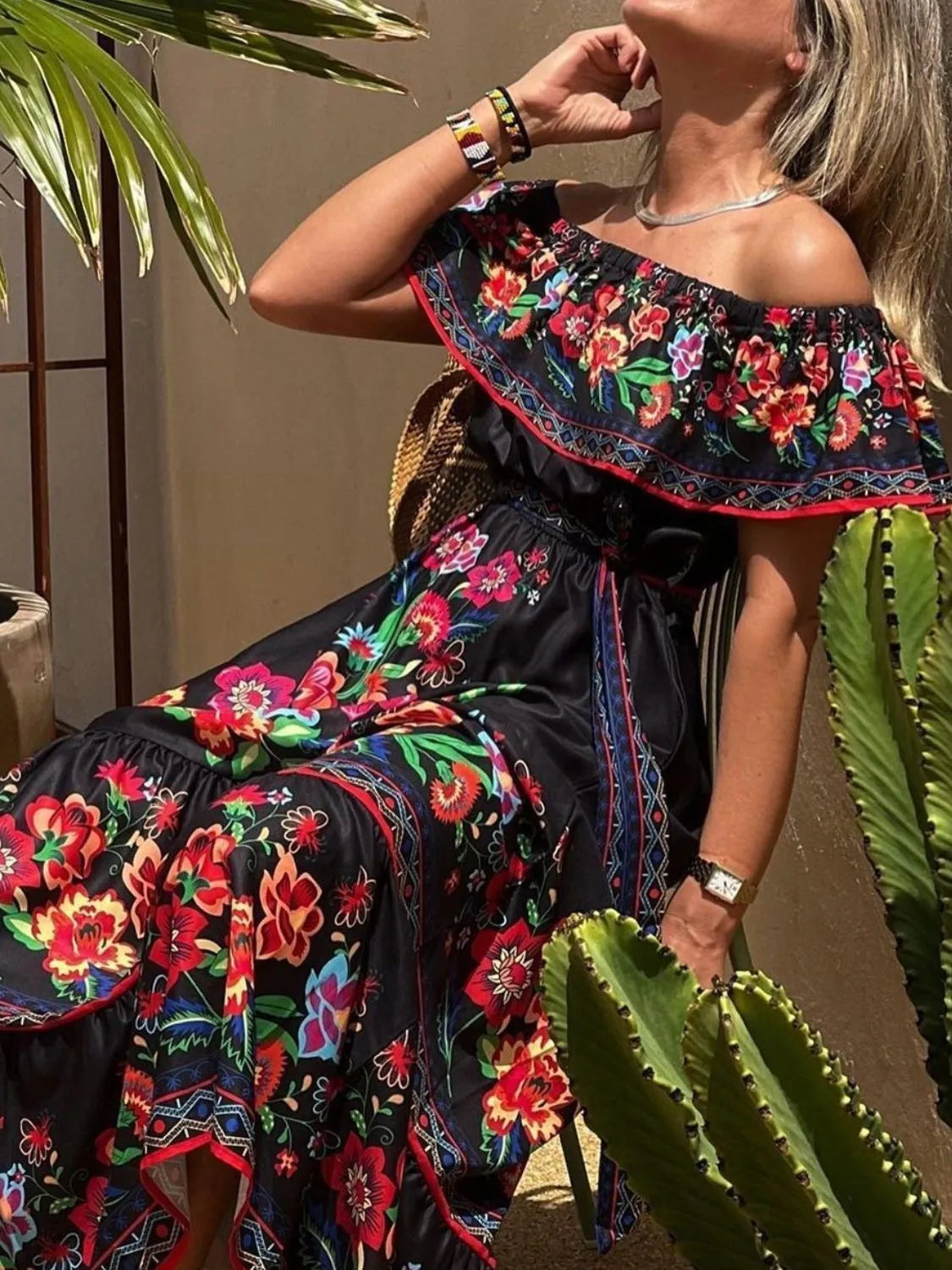 Floral Off Shoulder Ruffle Maxi Dress - Velora Luxury Fashion