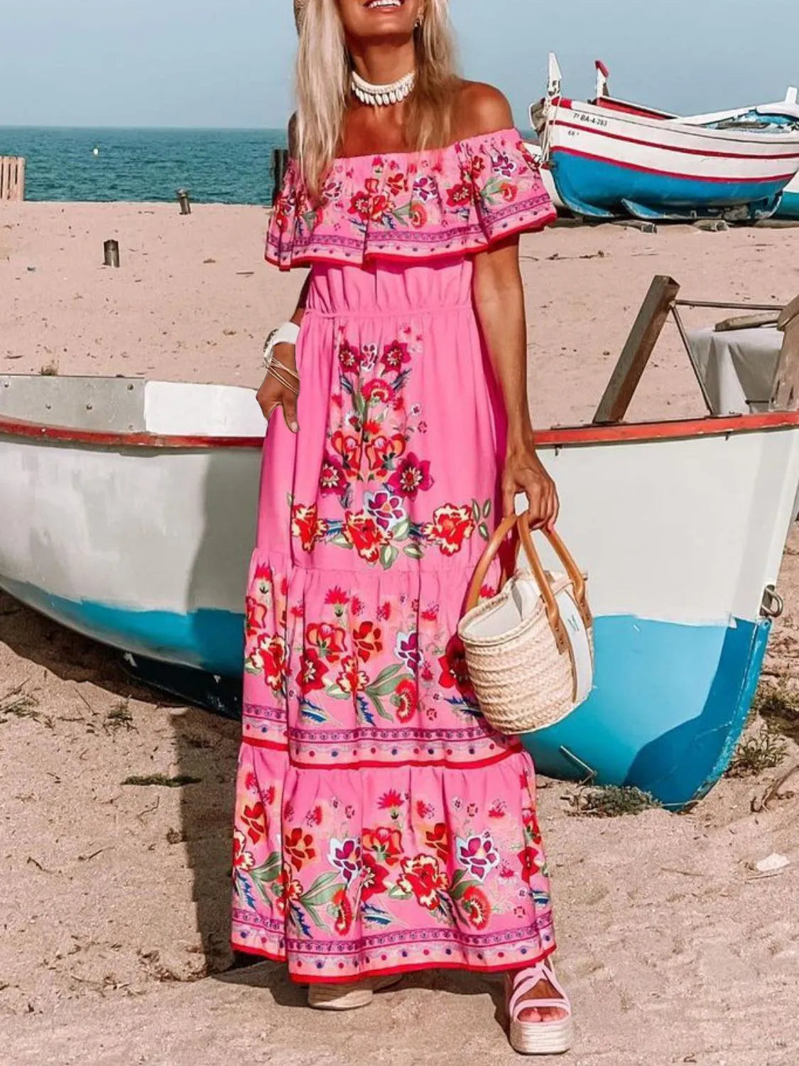 Floral Off Shoulder Ruffle Maxi Dress - Velora Luxury Fashion